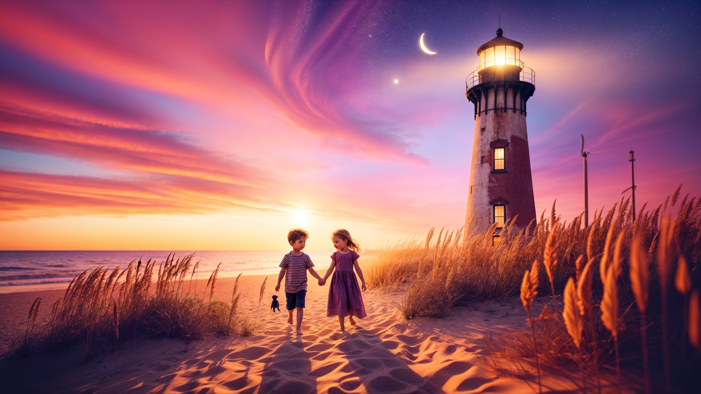 Children Walking on Beach at Sunset with Lighthouse
