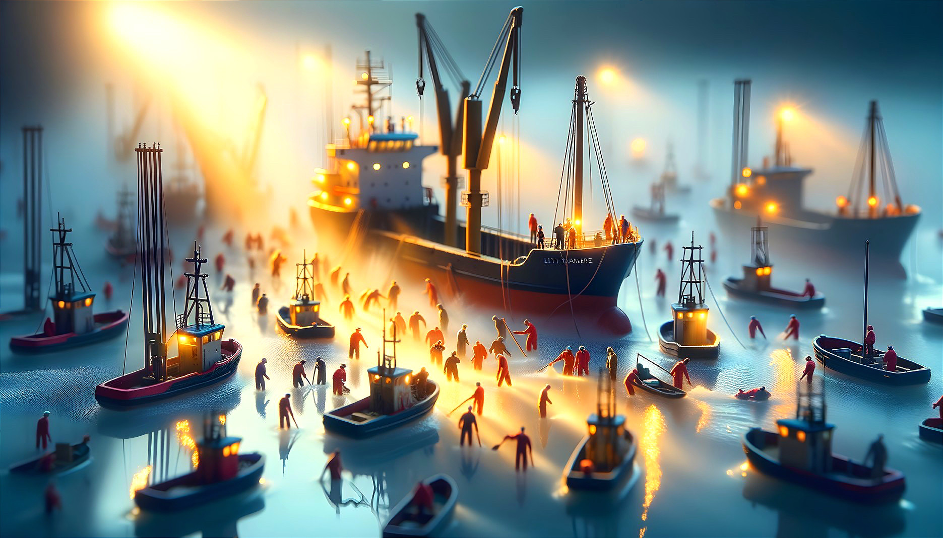 Miniature Harbor Scene with Boats and Cargo Ship