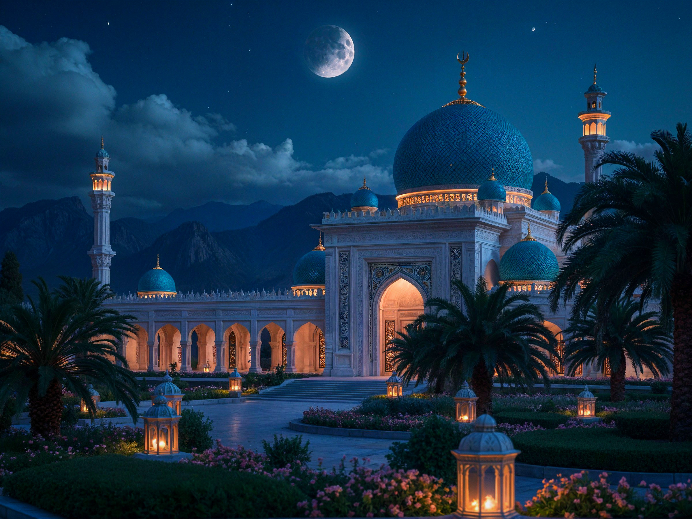 Magnificent illuminated palace under a night sky