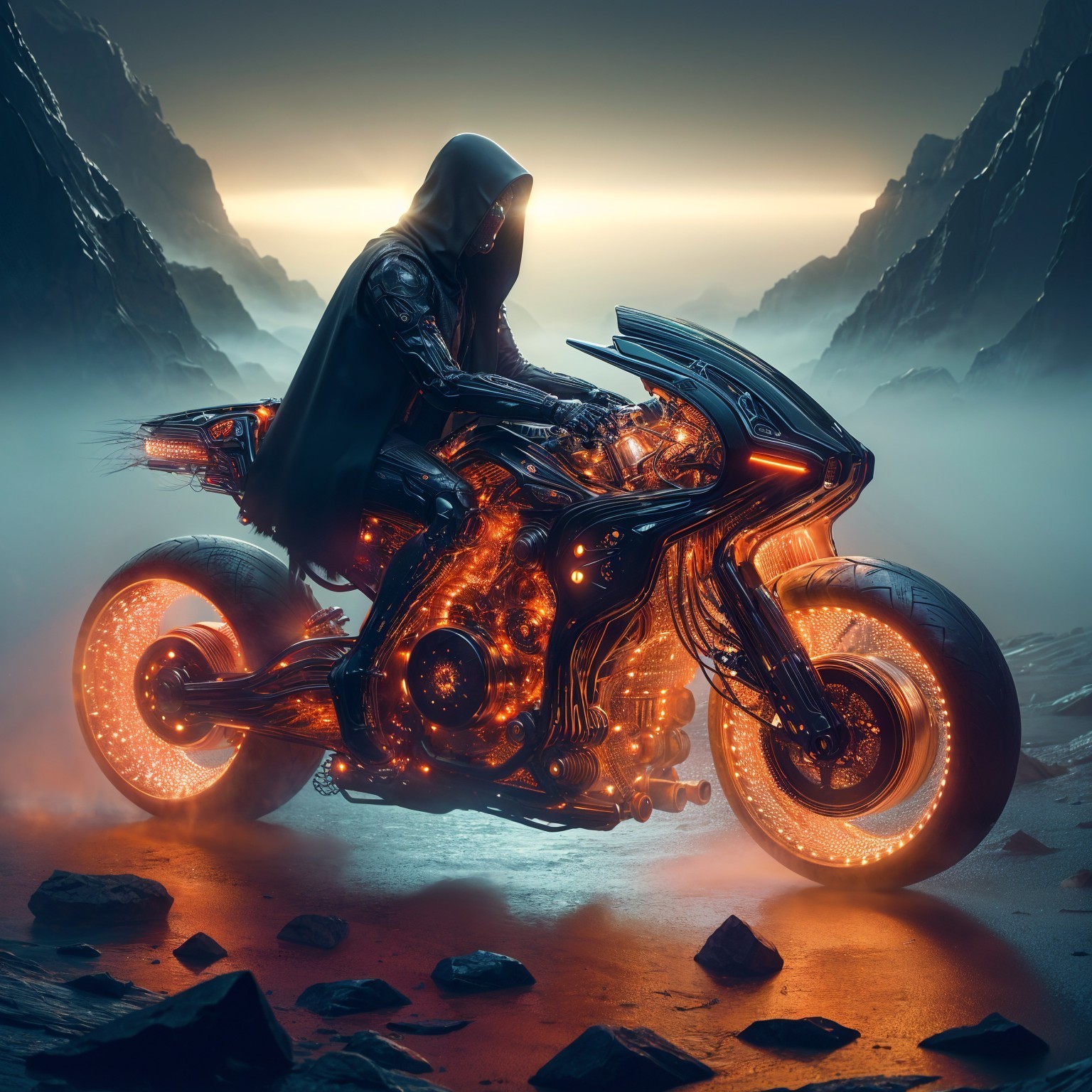 Futuristic Figure on High-Tech Motorcycle in Dark Landscape