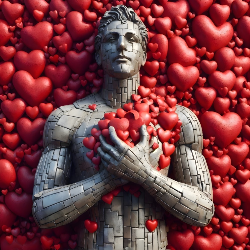 Metallic Humanoid Sculpture with Red Hearts Display