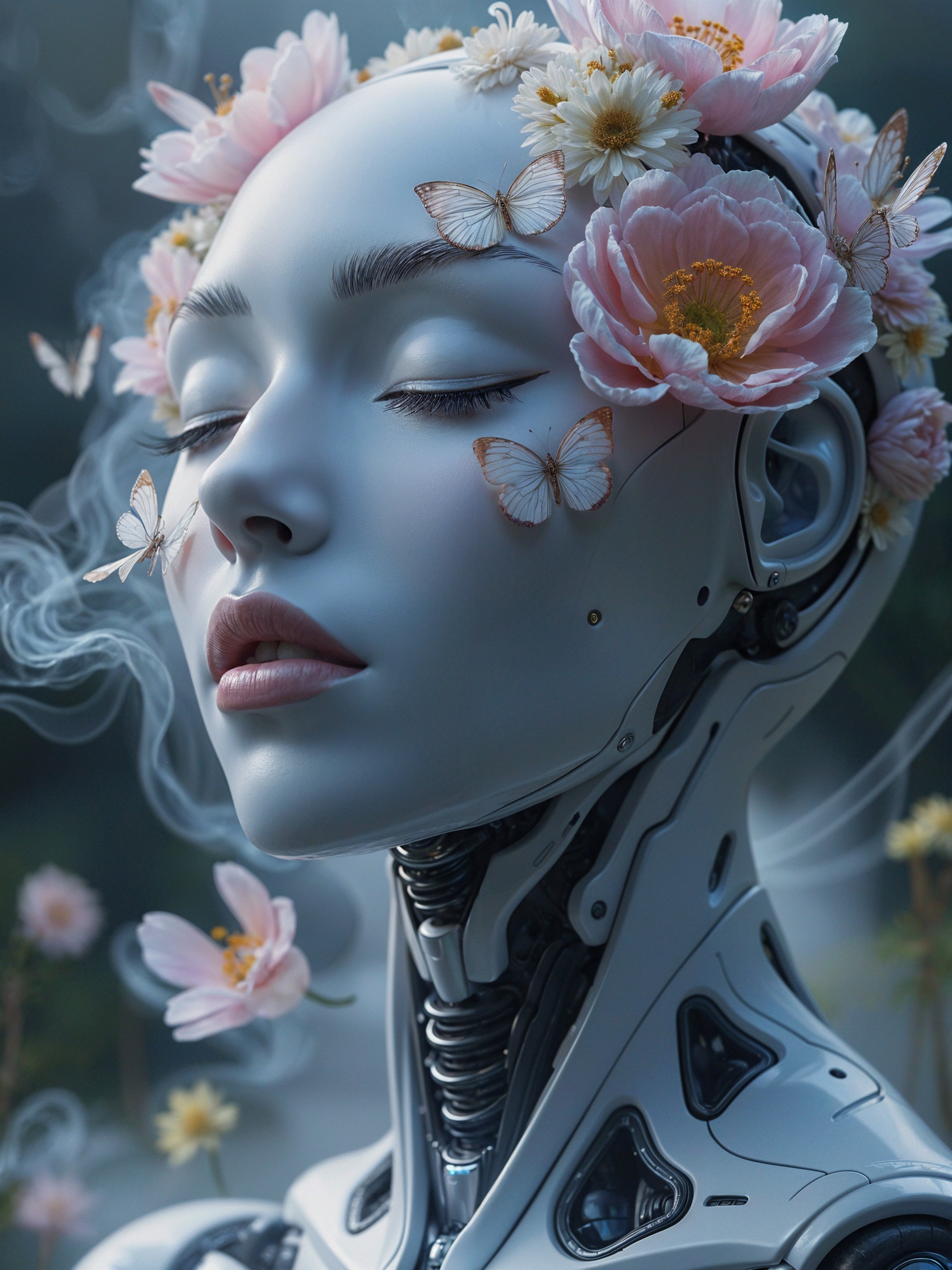 Humanoid Robot Surrounded by Flowers and Butterflies
