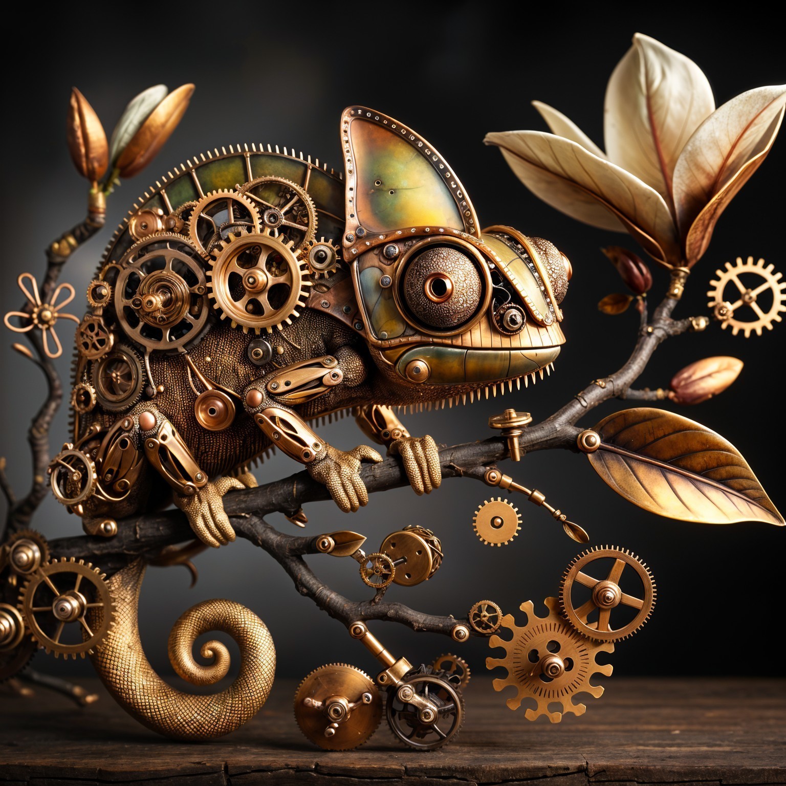 Steampunk Chameleon Design with Brass and Copper Gears