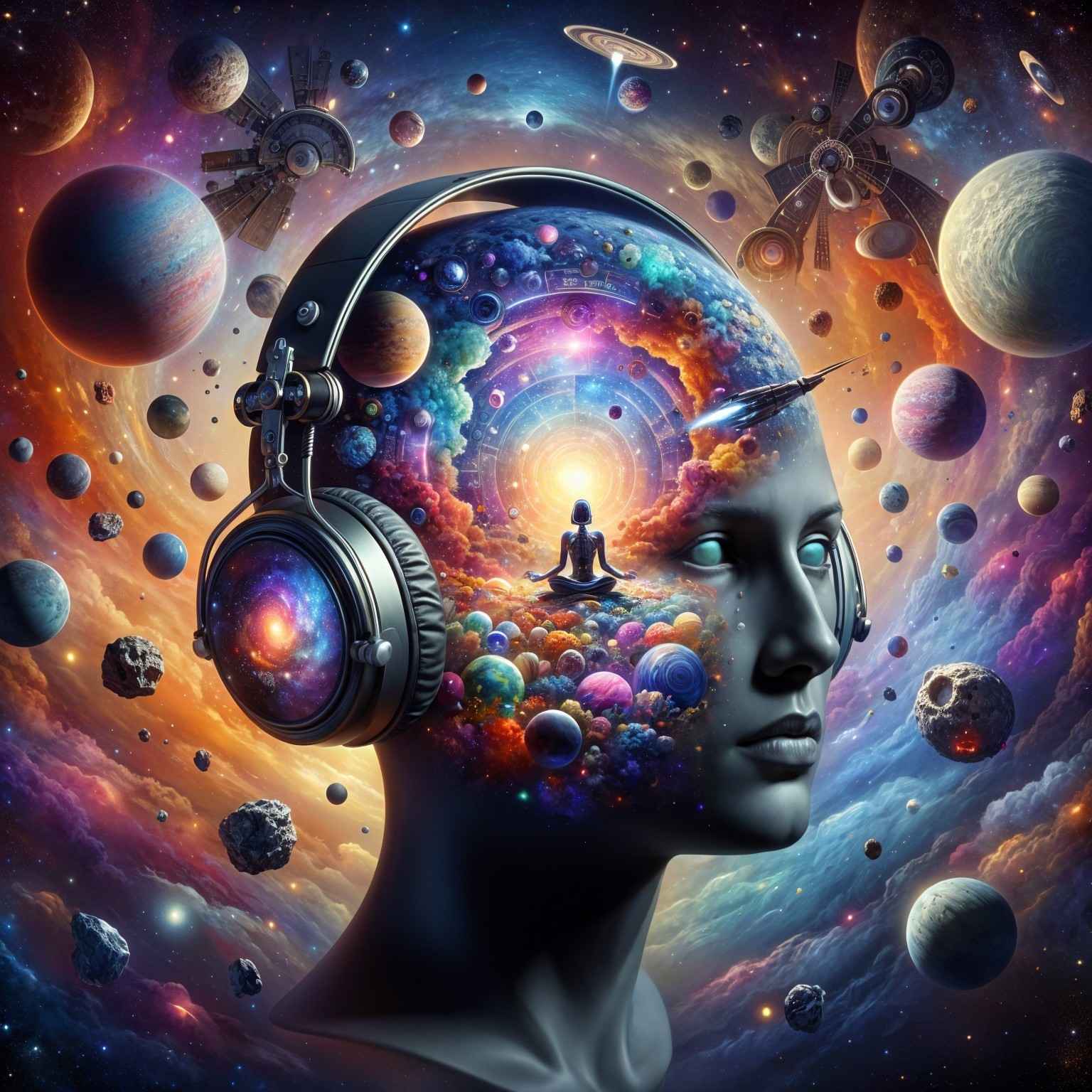 Humanoid Head with Headphones in Cosmic Landscape
