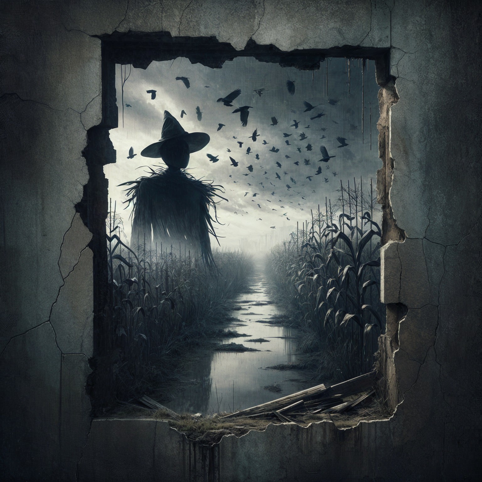 Eerie Scene with Scarecrow in Desolate Landscape