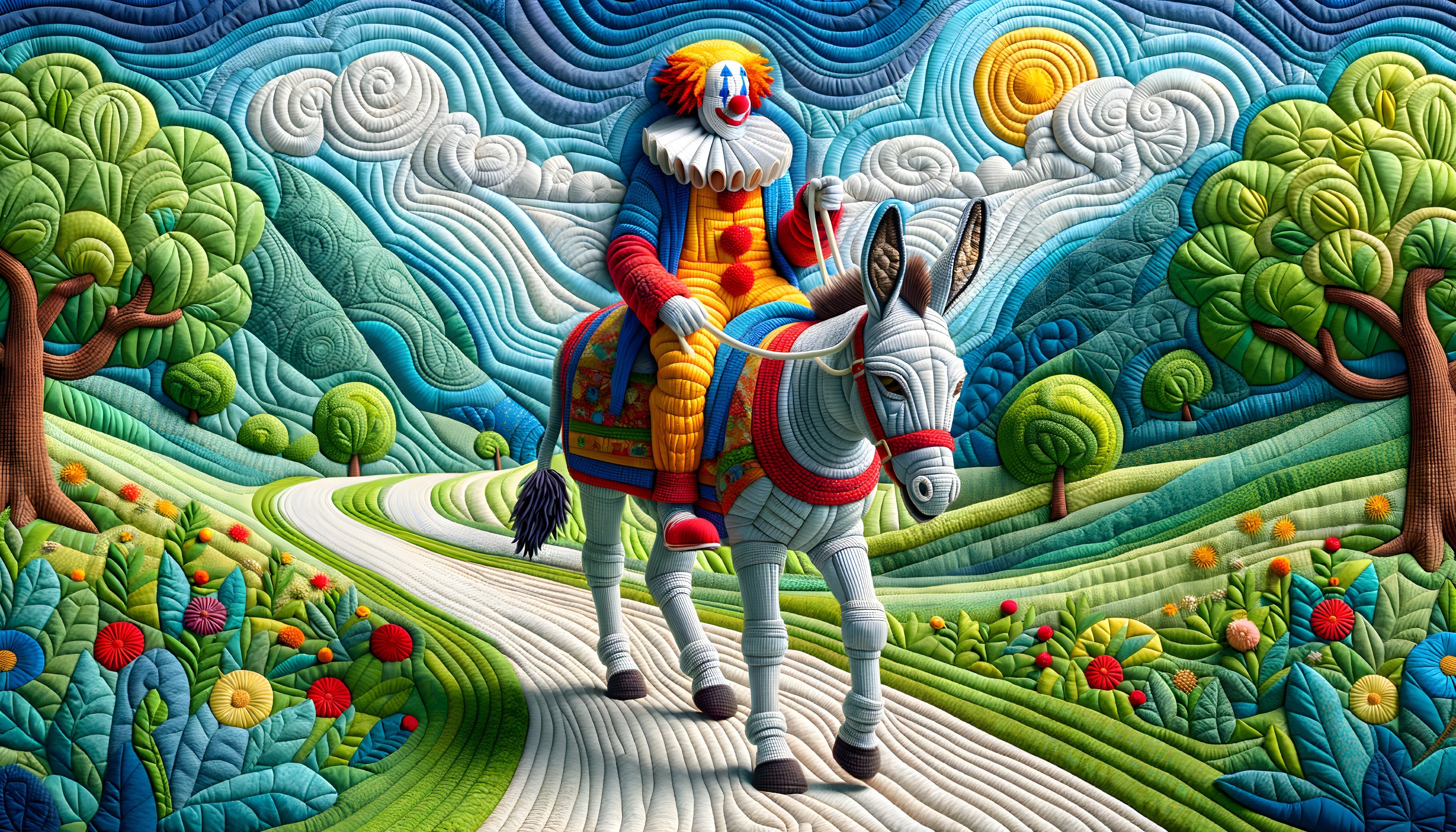 Colorful Clown Riding Donkey in Whimsical Landscape