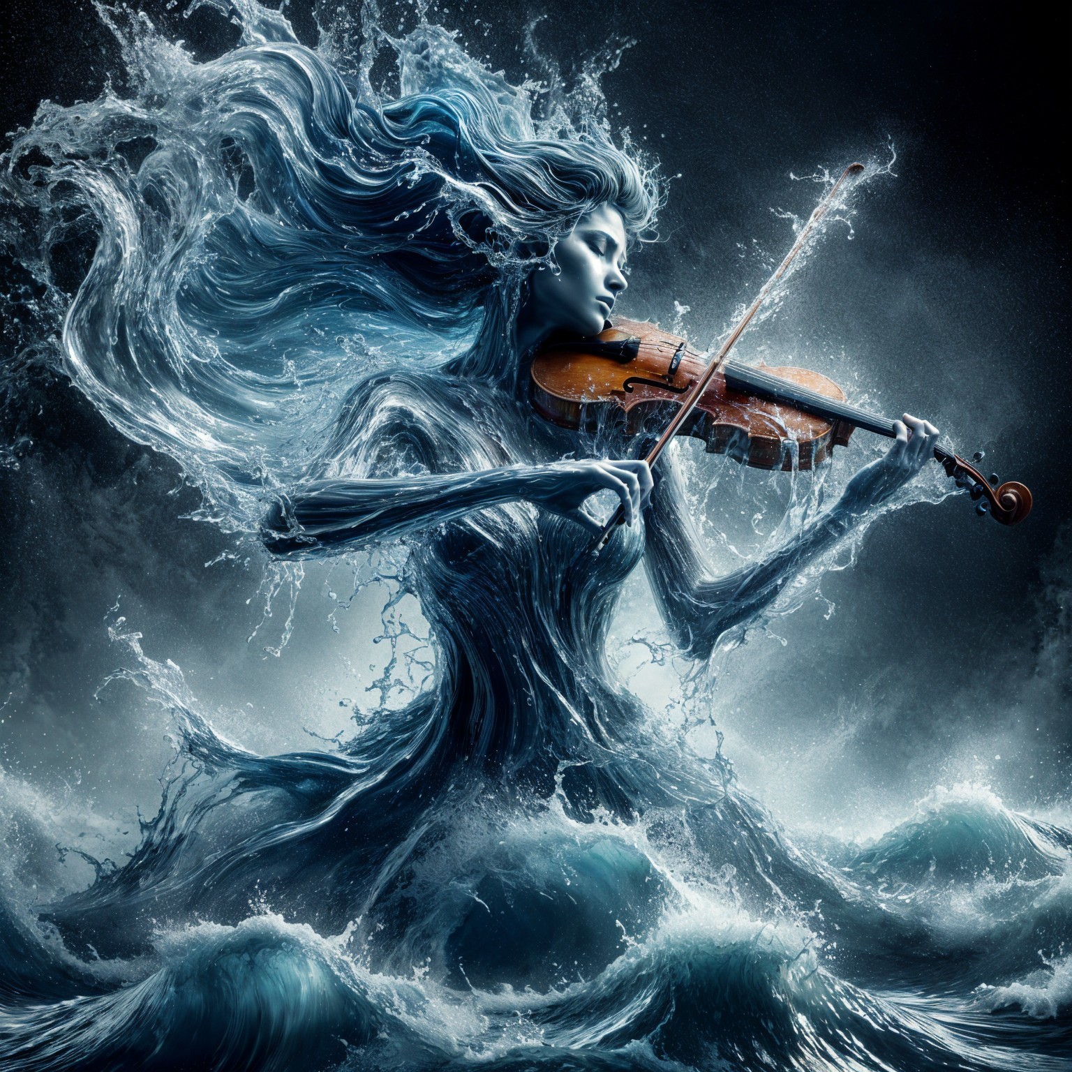 Ethereal Figure Playing Violin Amid Ocean Waves