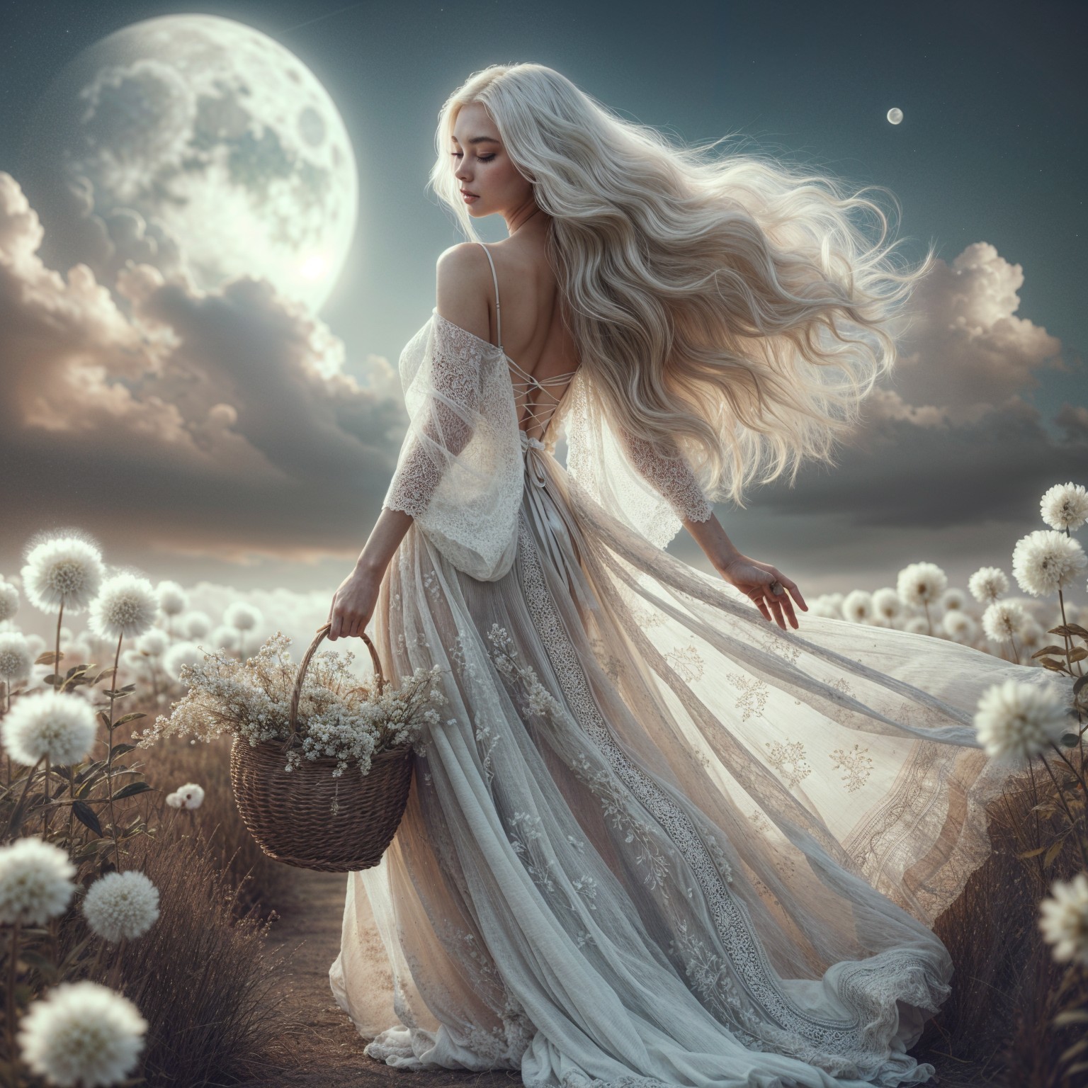 Serene Woman in Dandelion Field Under Moonlight
