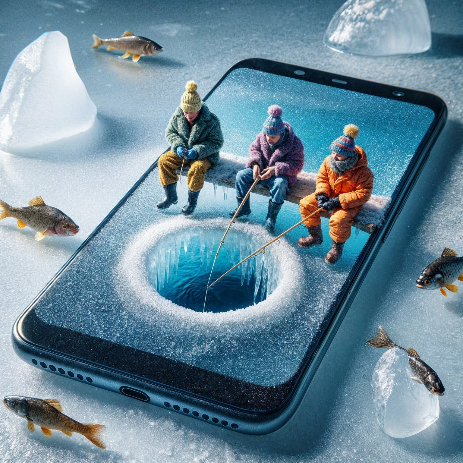 Smartphone on Ice with Winter Fishing Scene Displayed