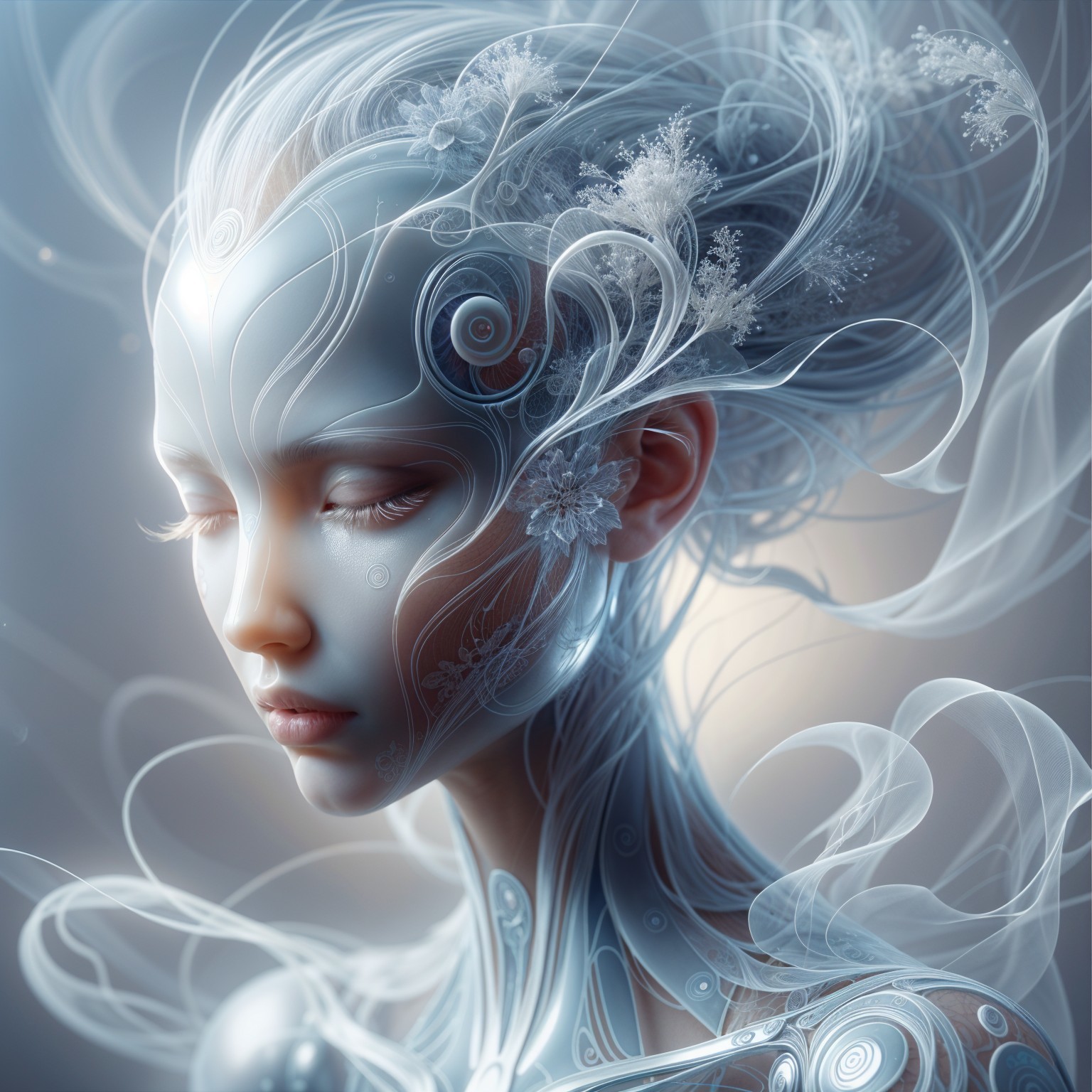 Ethereal Figure with Translucent Appearance and Light Patterns