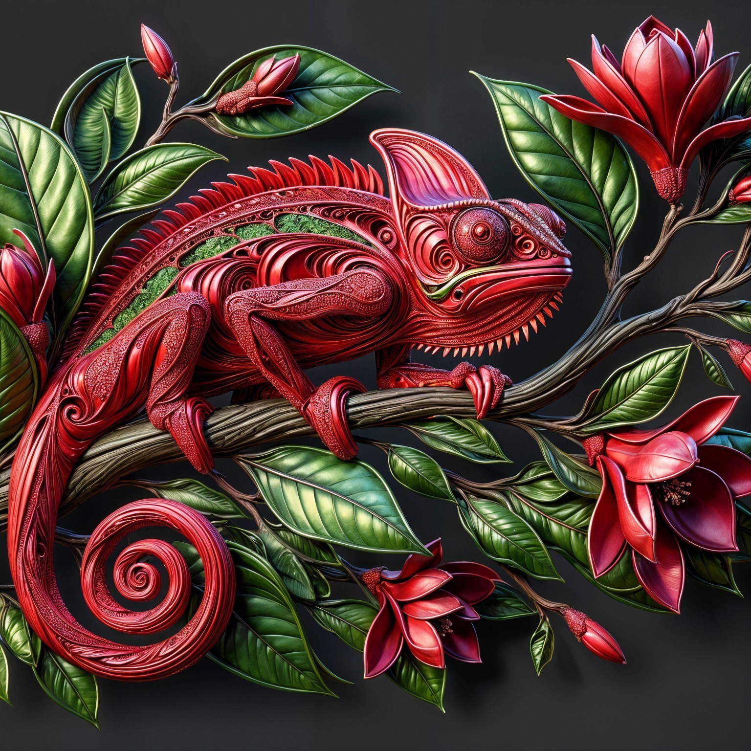 Chameleon on Branch Amidst Green Leaves and Red Flowers