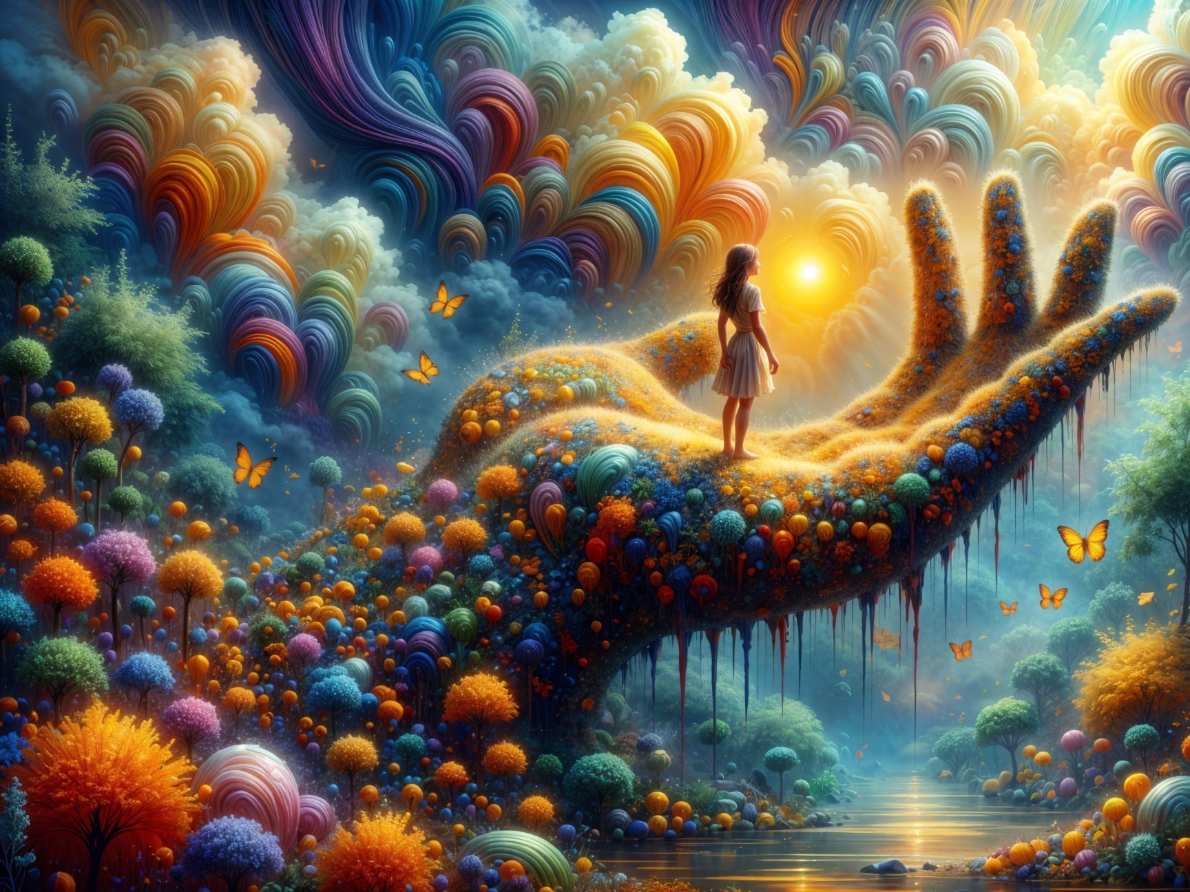 Surreal Landscape with Girl on Colorful Giant Hand