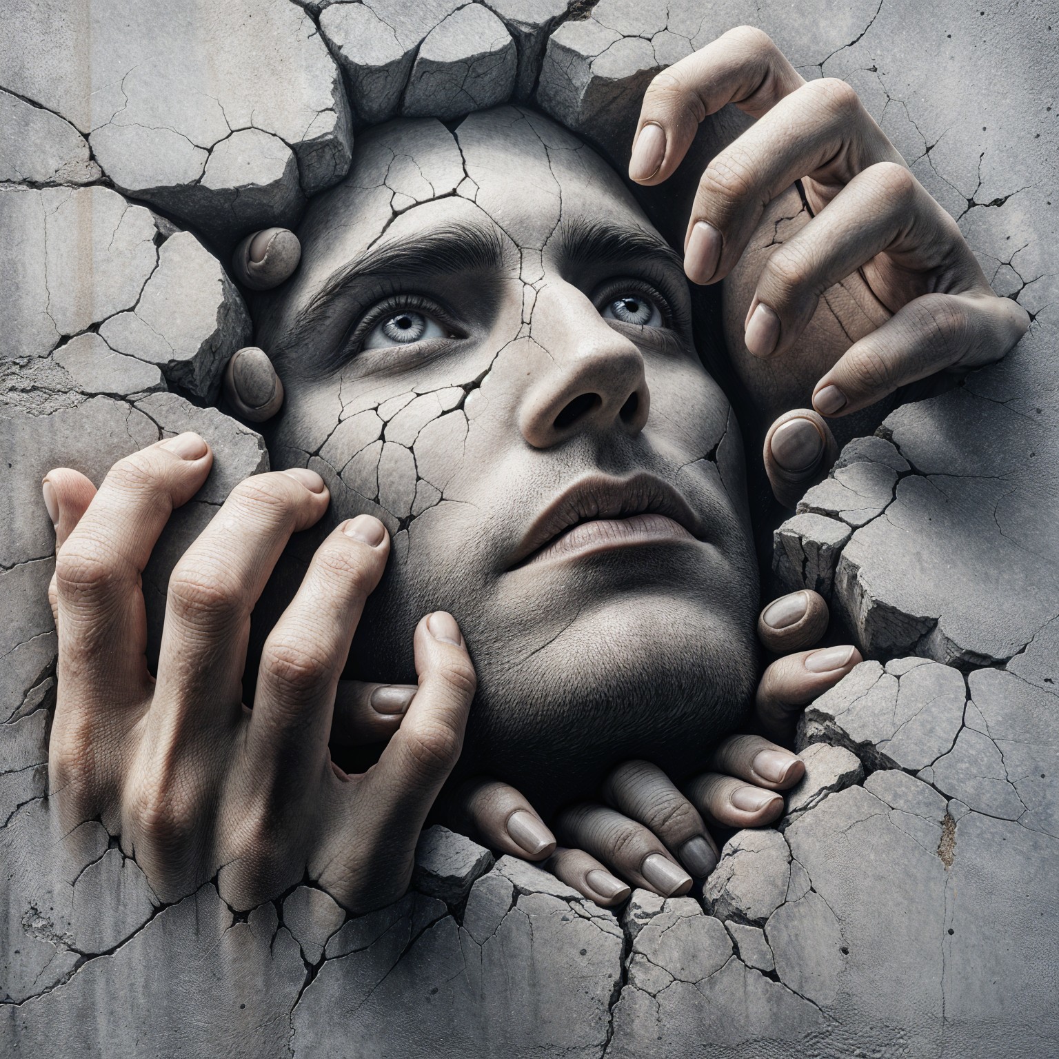 Man's Face Emerging from Cracked Wall Symbolizing Struggle