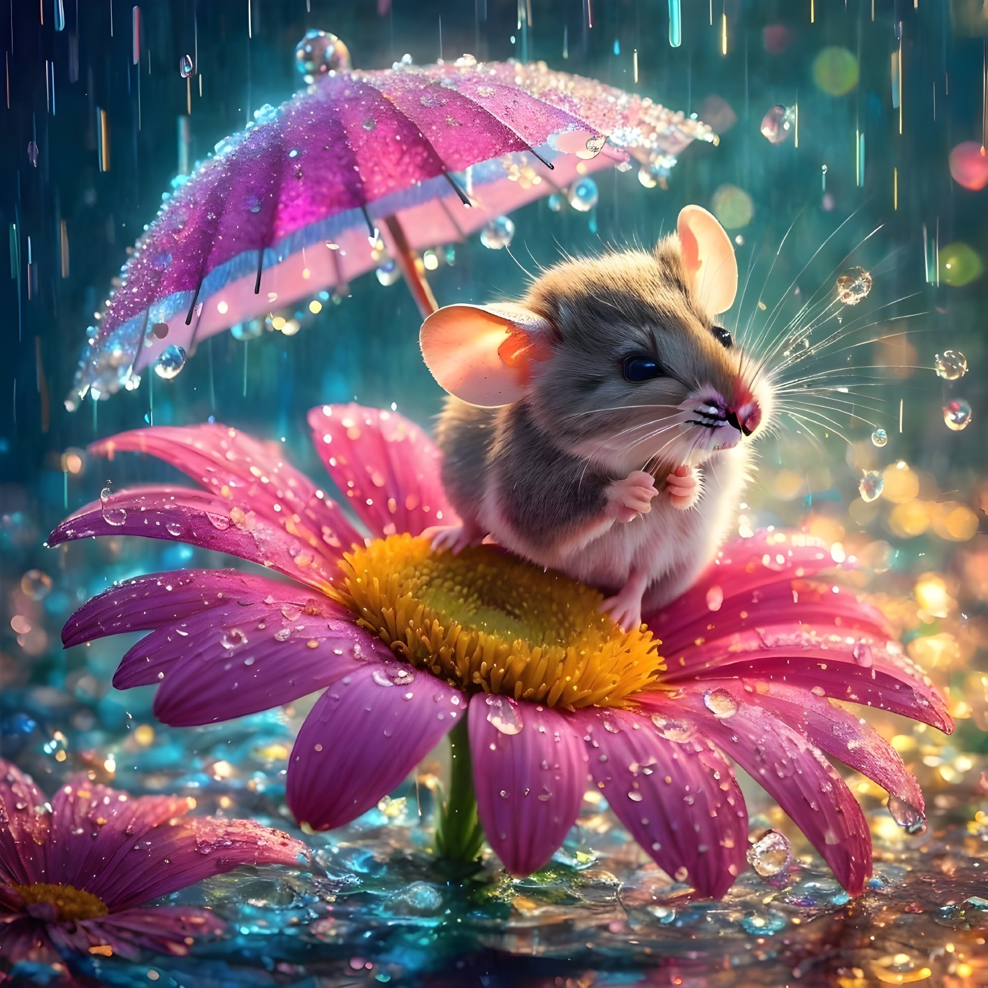 Mouse on Pink Flower Under Sparkling Umbrella