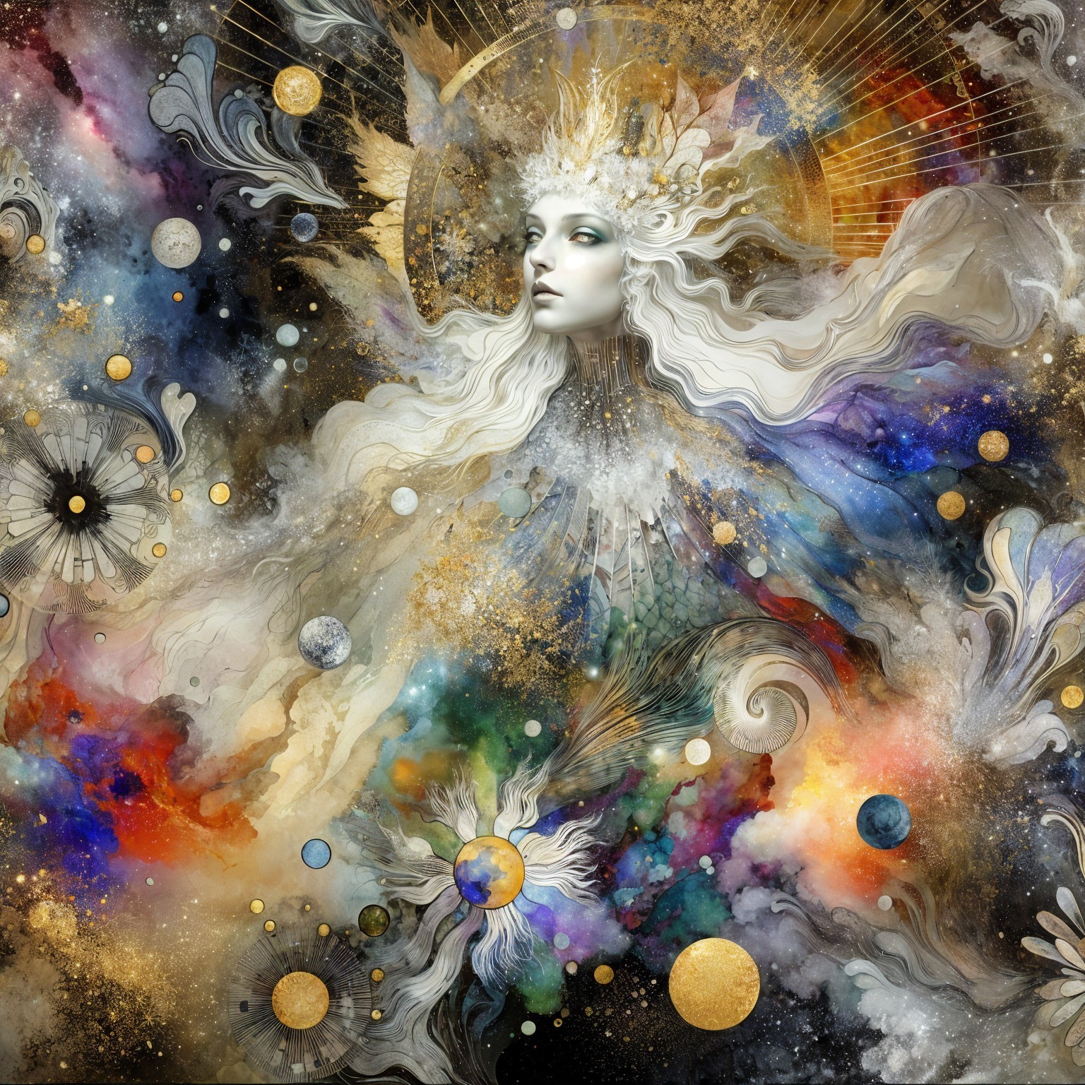 Ethereal Figure in Cosmic Landscape with Gold Accents