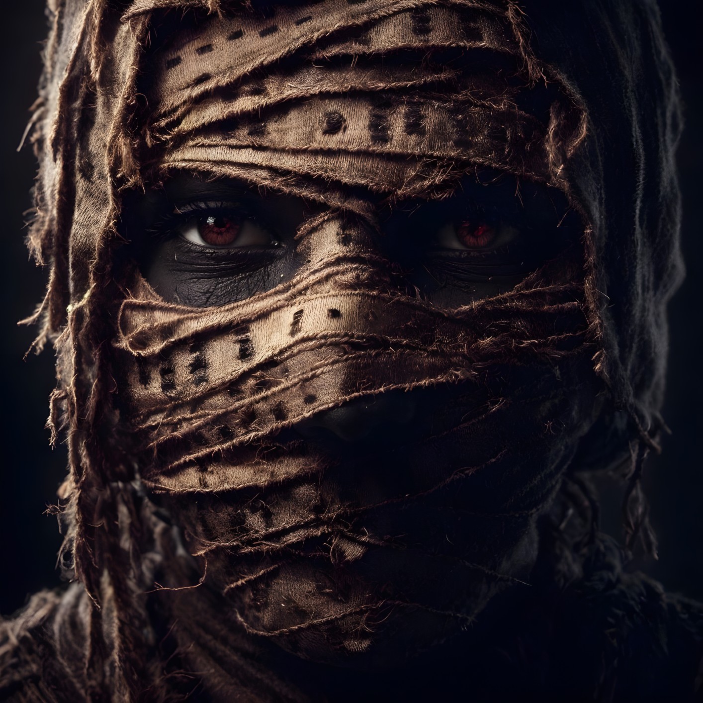 Mysterious figure in tattered fabric with expressive eyes