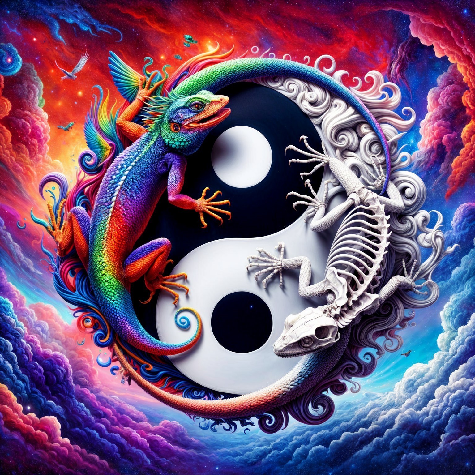Vibrant Yin-Yang Symbol with Cosmic Lizard Elements
