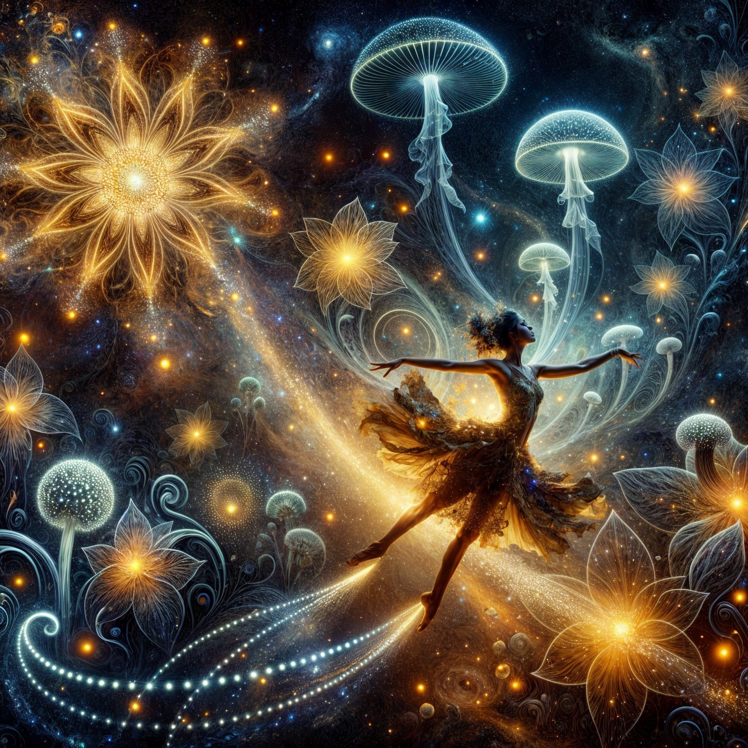 Cosmic Dance with Luminous Flowers and Jellyfish