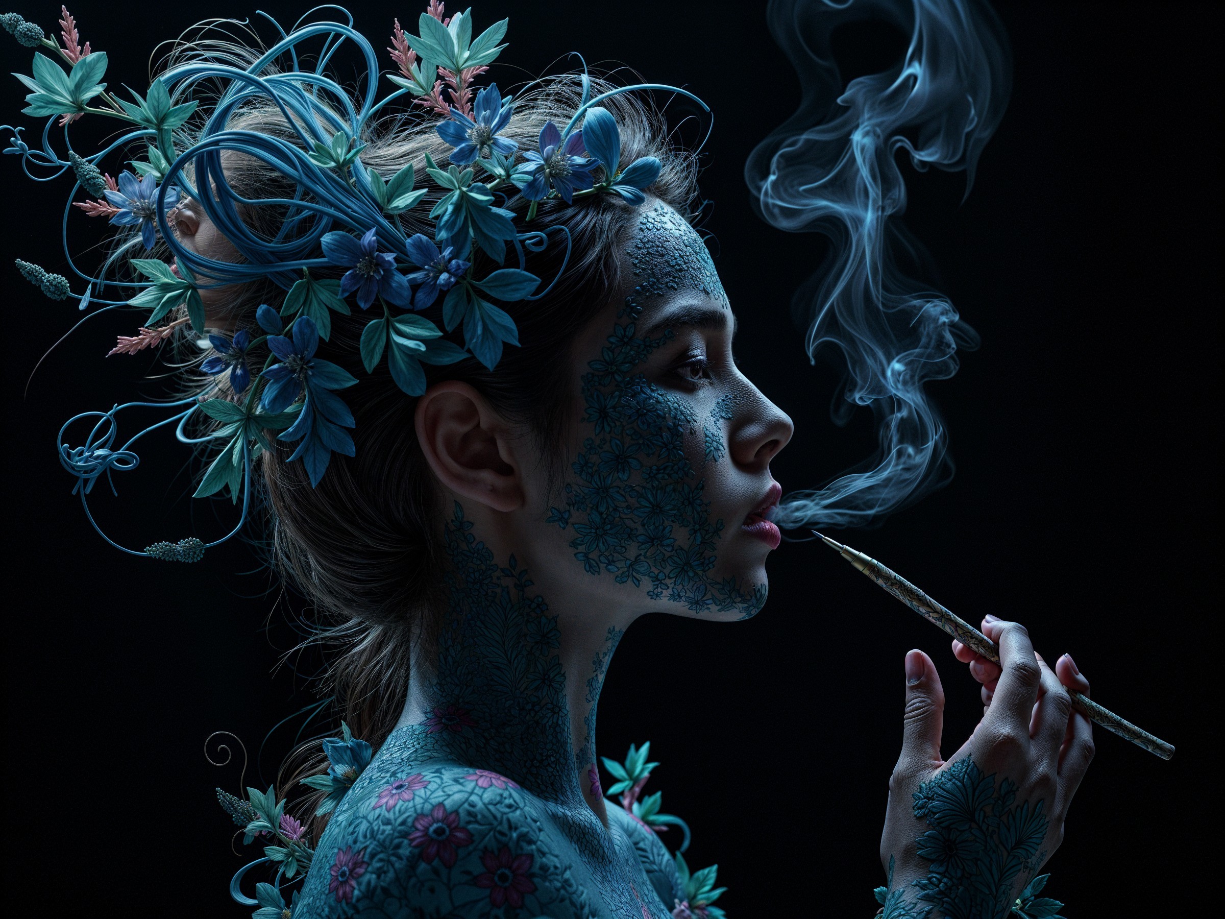 Profile of a Woman with Floral Body Paint and Smoke