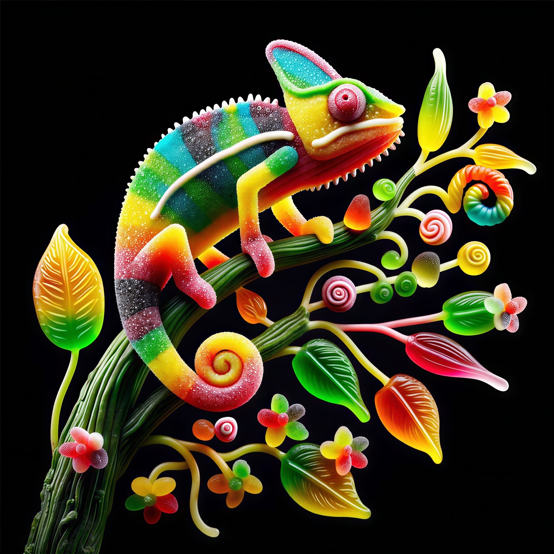 Rainbow-striped gummy chameleon on textured candy branch