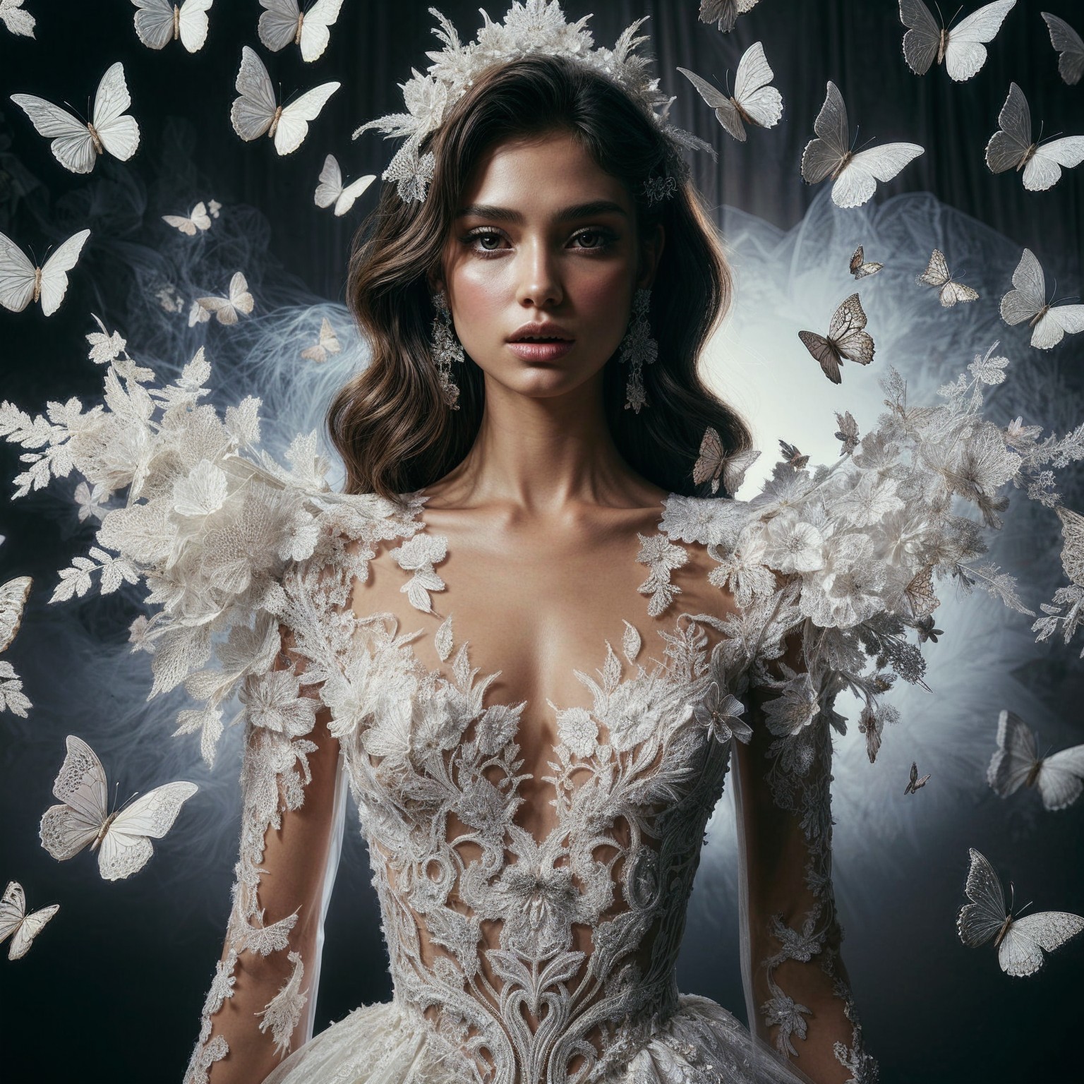 Elegant Bride in Intricate Lace Gown with Butterflies