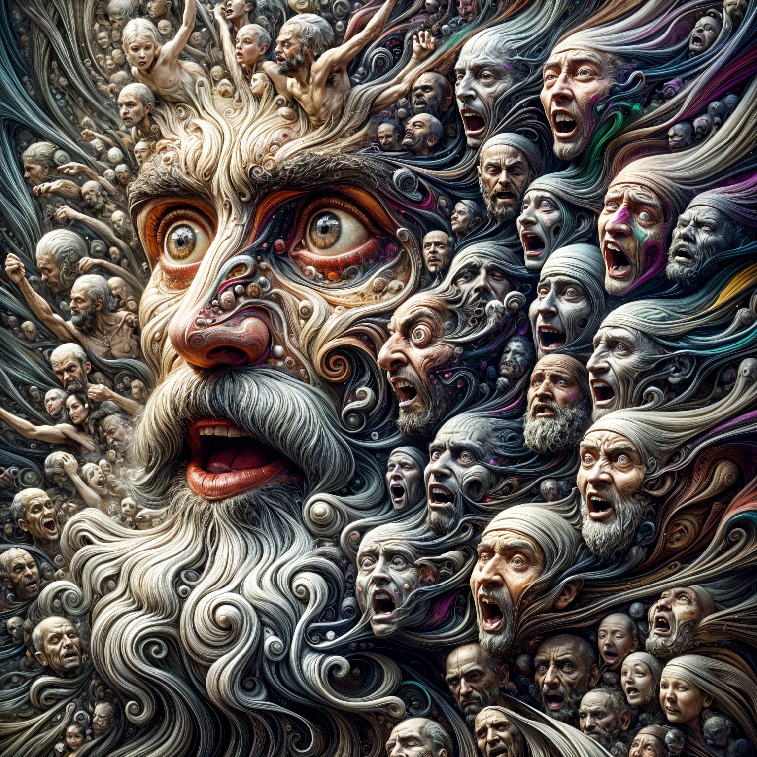 Surreal Face with Flowing Hair and Emotional Expressions
