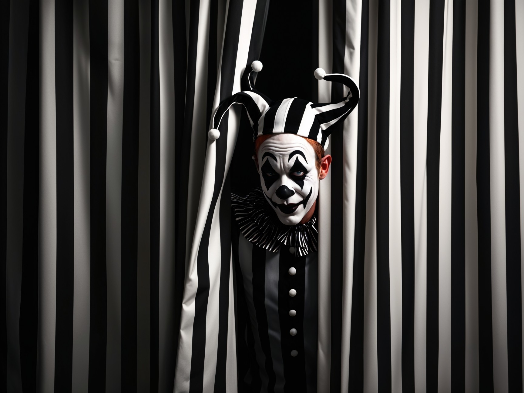 Clown with Dramatic Makeup Behind Striped Curtains