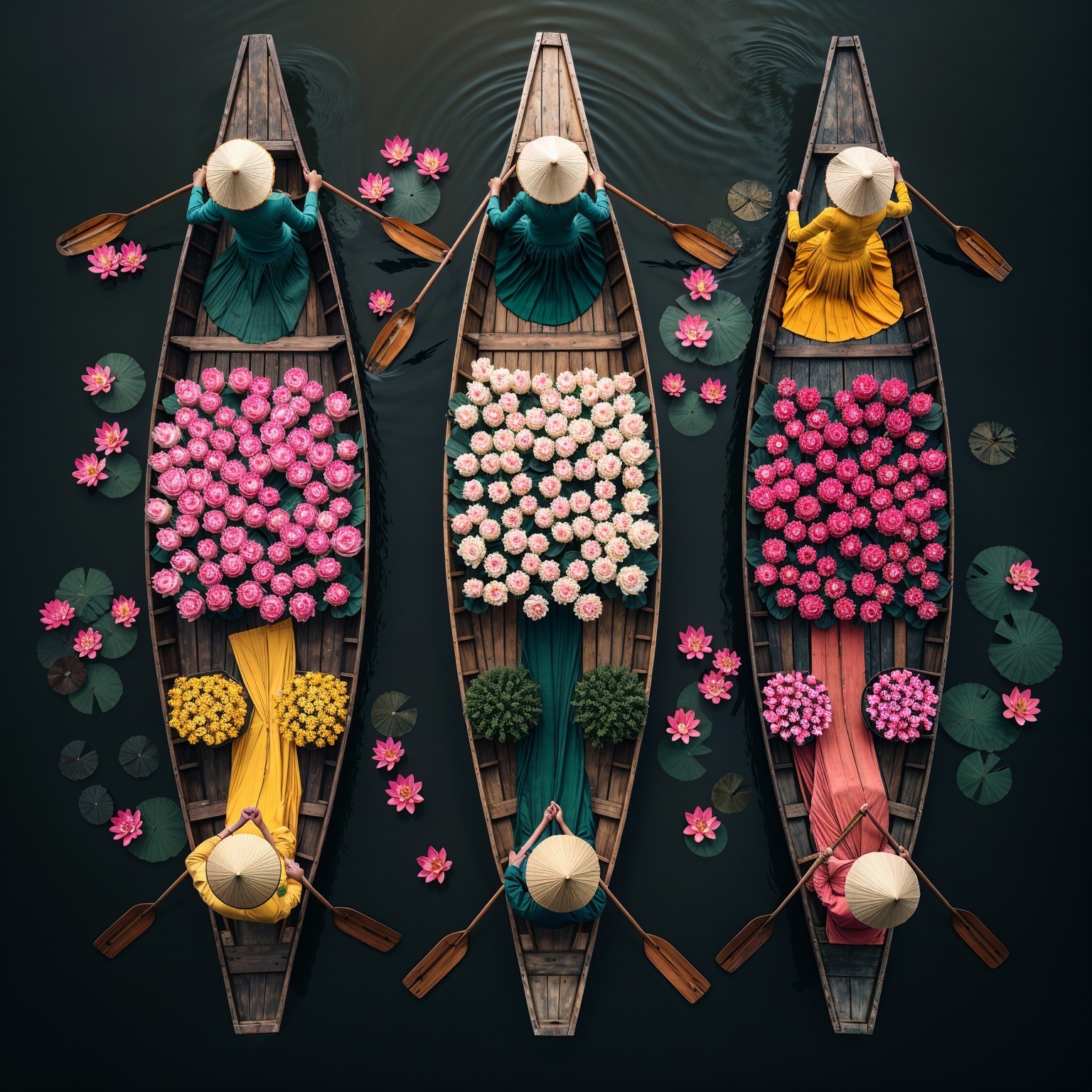 Aerial View of Boats with Flowers on Dark Water
