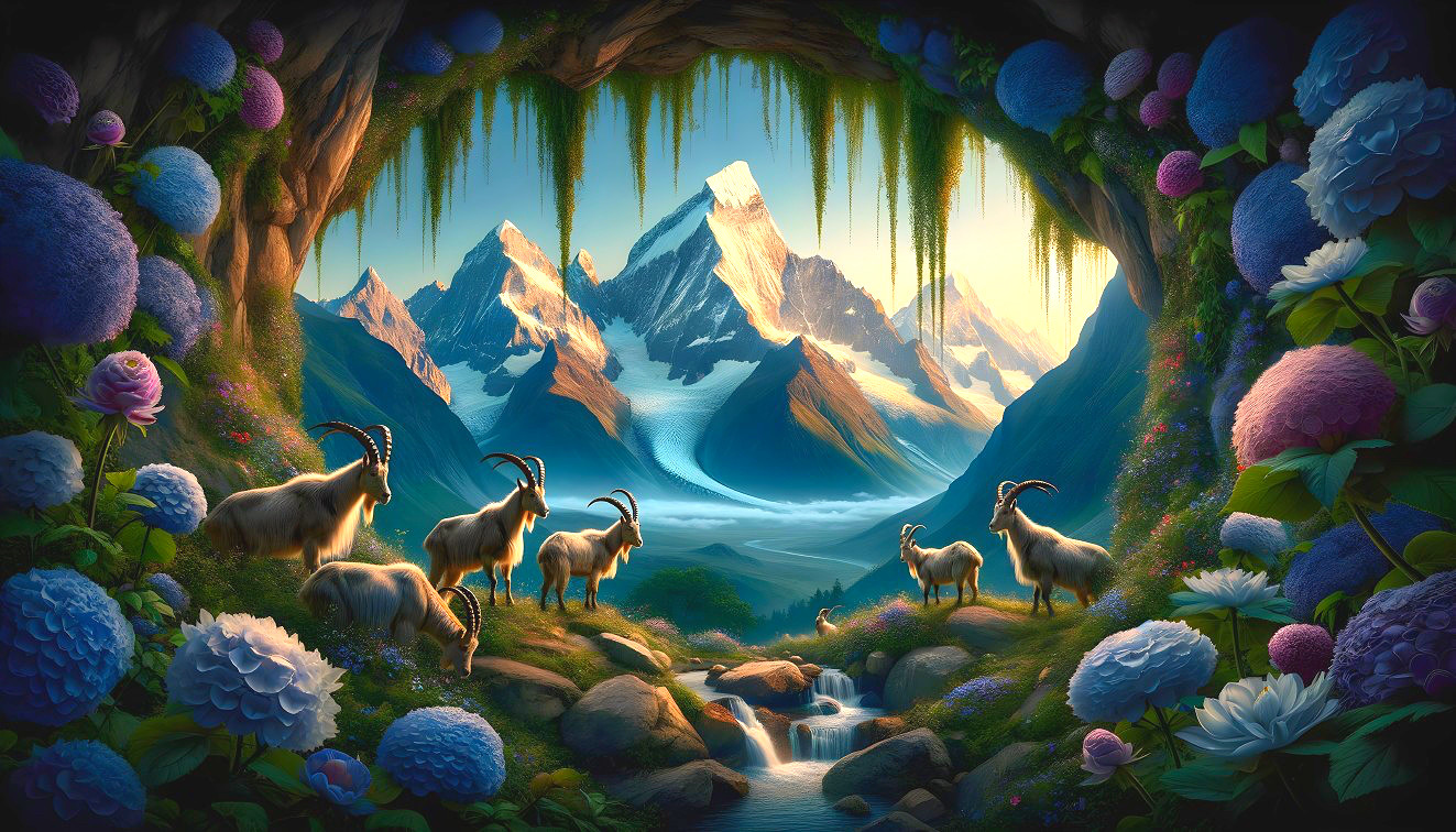 Vibrant Fantasy Landscape with Mountain Goats and Peaks