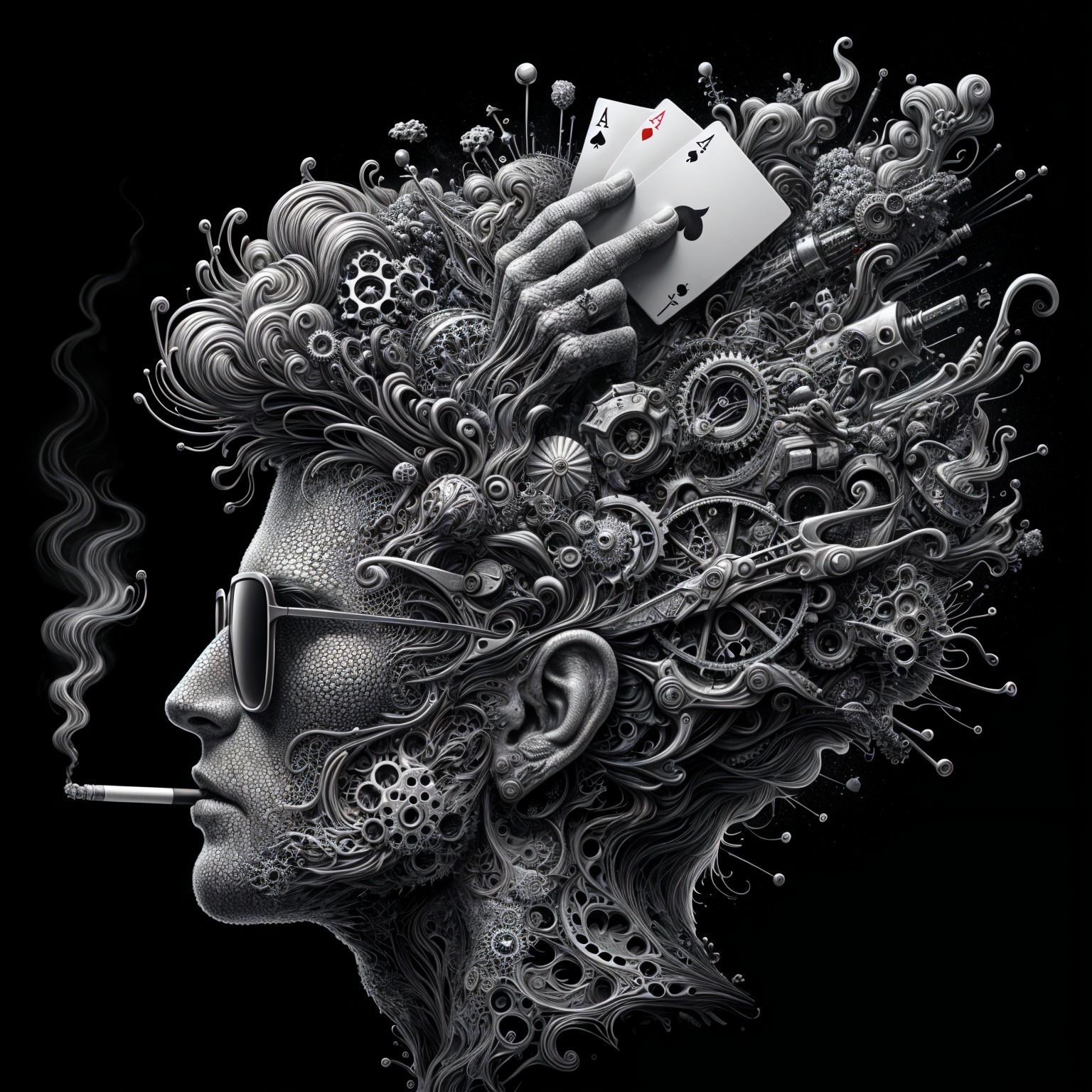 Monochrome Artwork with Gears and Playing Cards