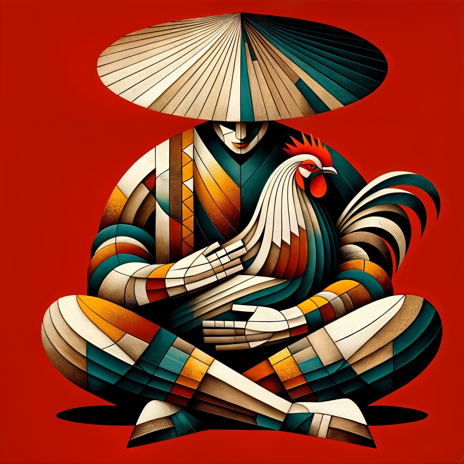 Stylized Figure with Rooster in Vibrant Red Background