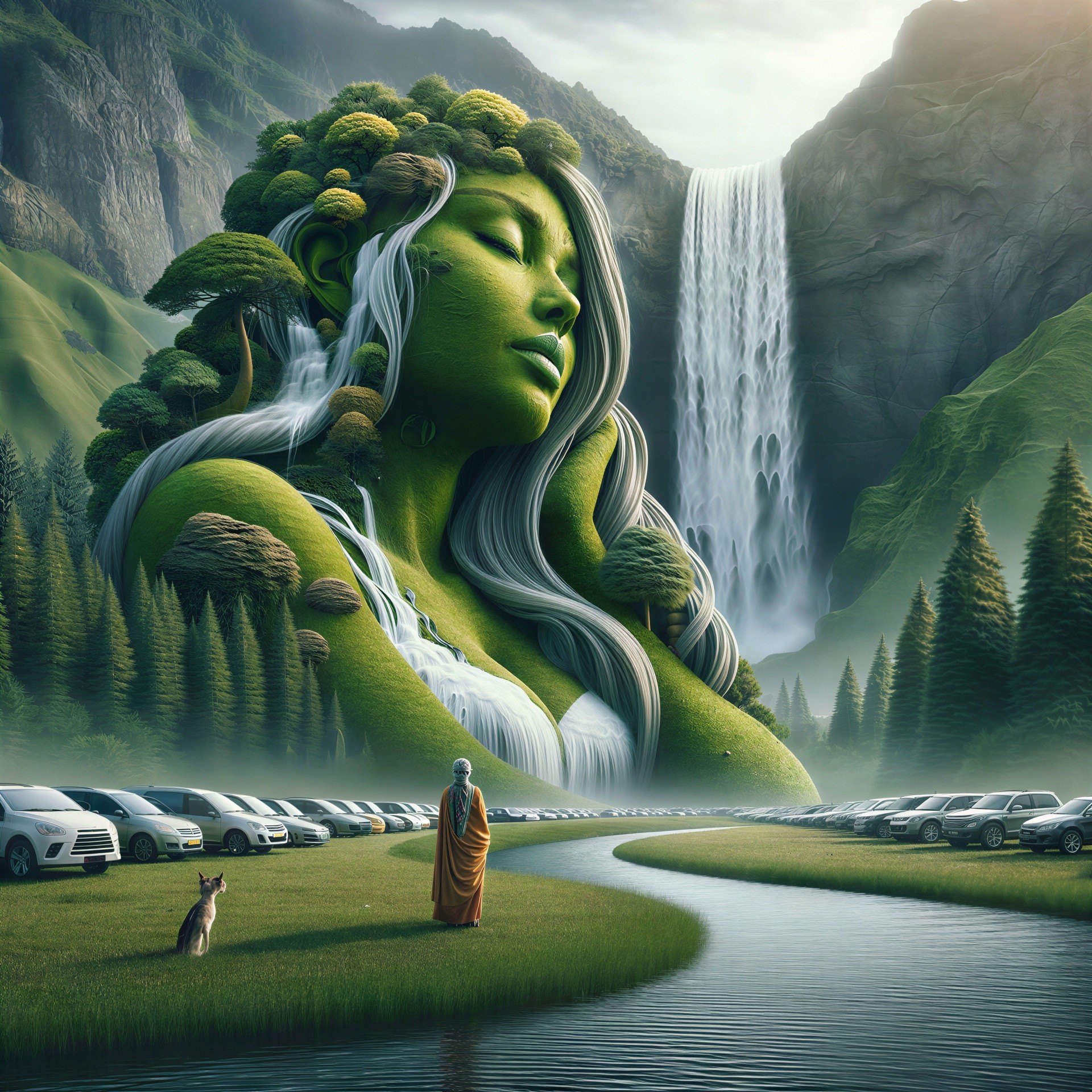 Surreal Landscape with Giant Woman of Hills and Waterfalls