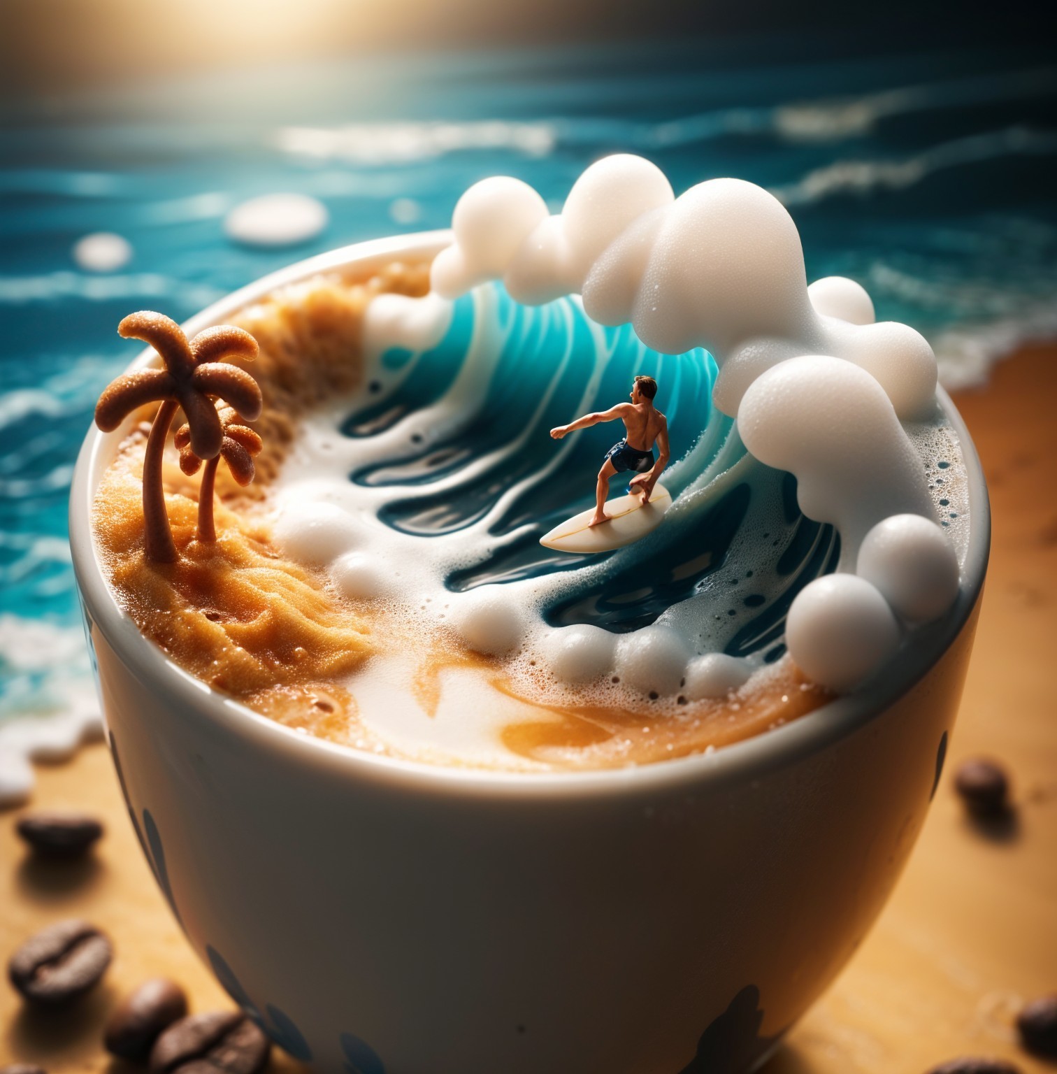 Miniature Surfer Scene on Coffee Cup Foam