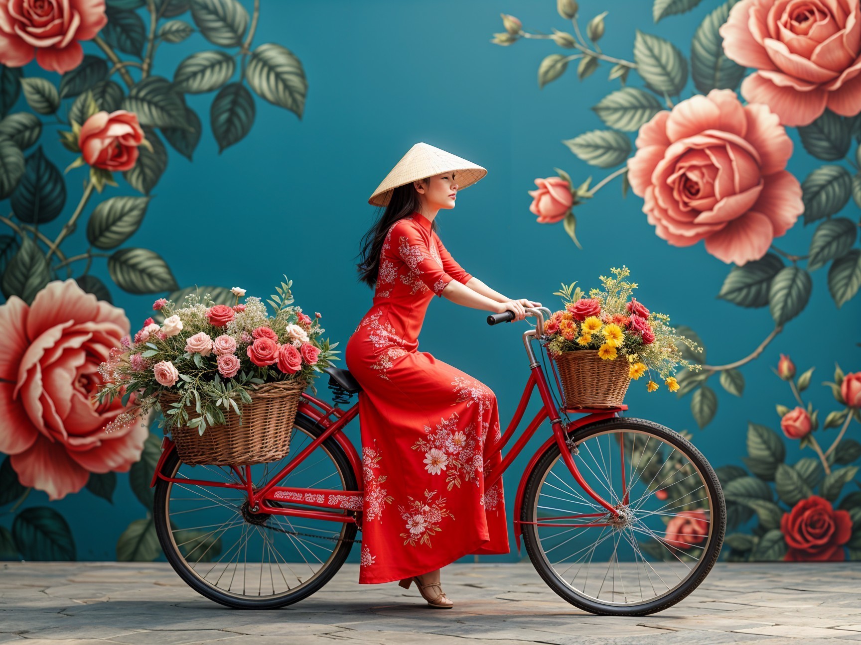 Woman in Red Ao Dai on Vintage Bicycle with Flowers