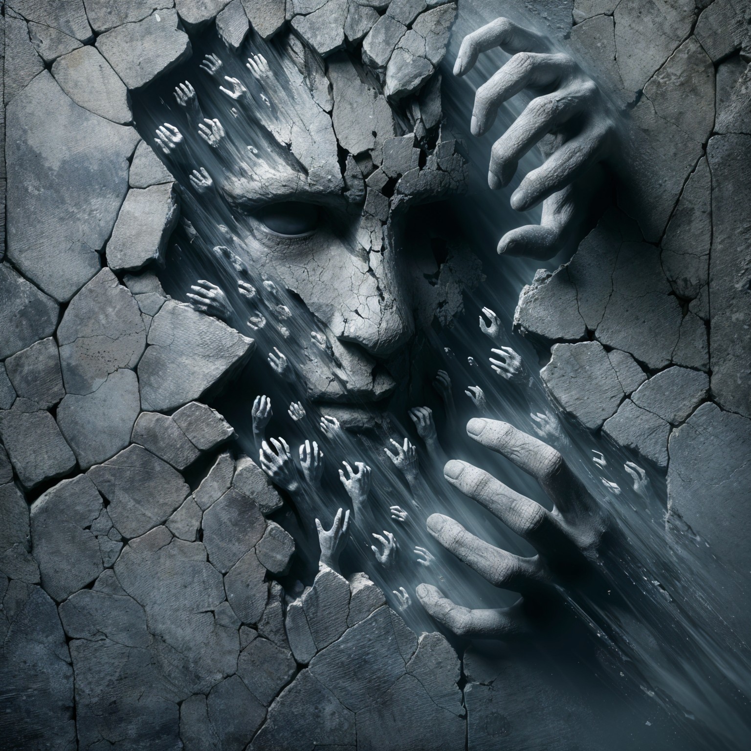 Face Emerging from Cracked Surface Symbolizing Struggle