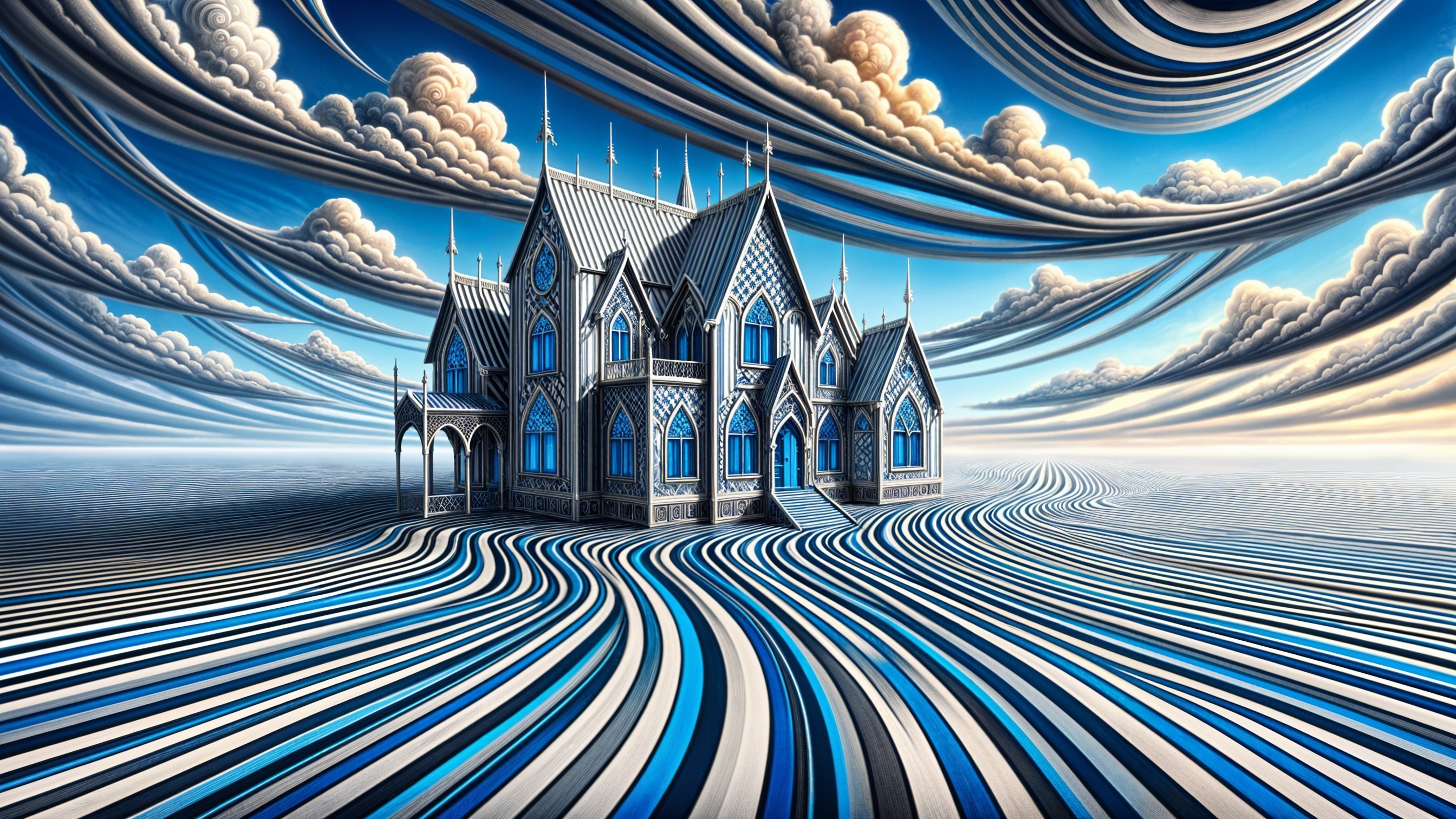 Surreal Landscape with Gothic House and Striped Ground
