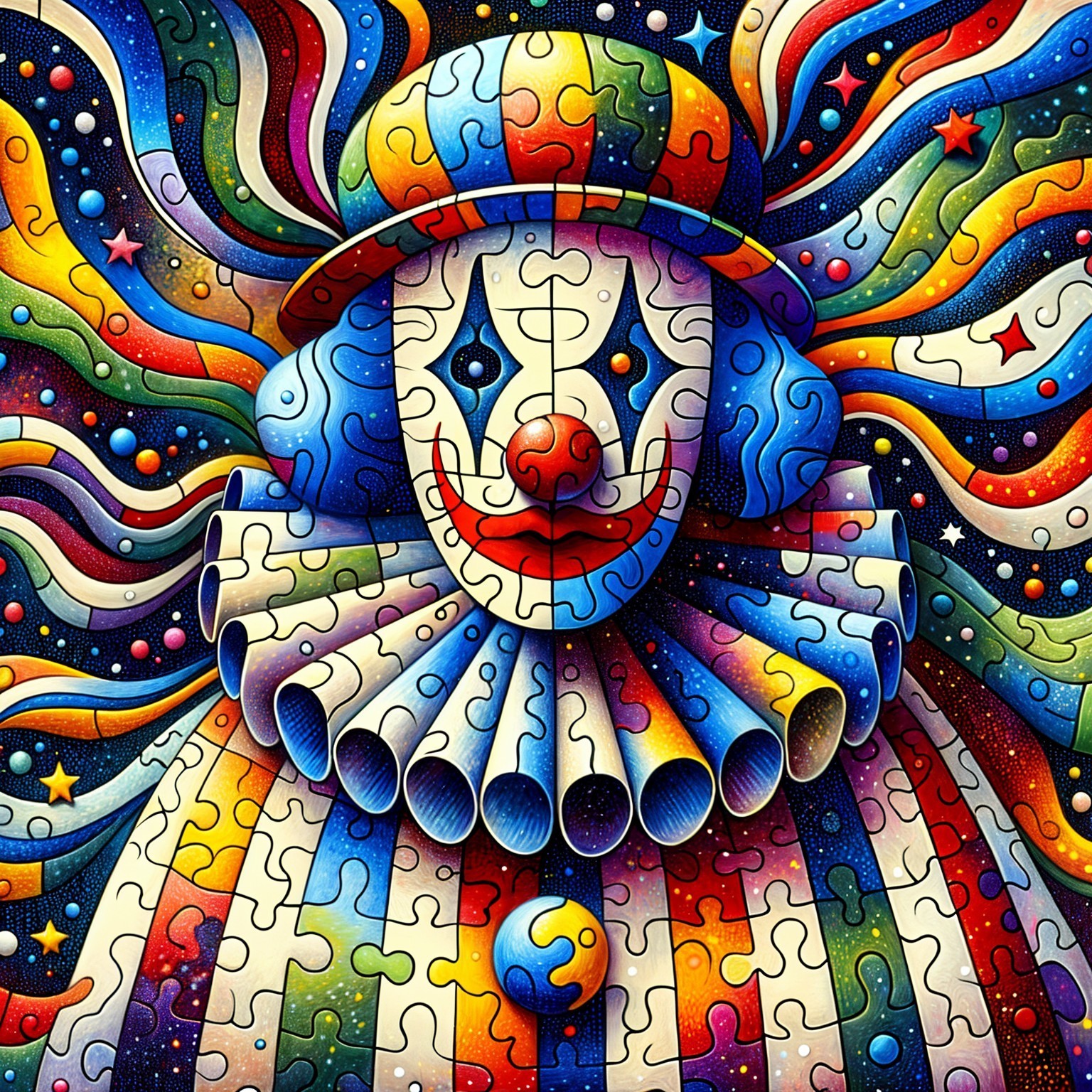 Colorful Whimsical Clown in Jigsaw Puzzle Design
