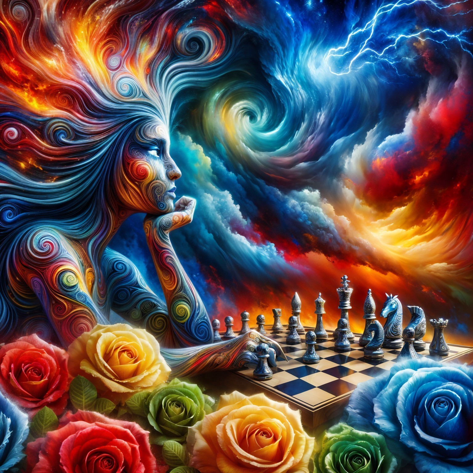 Surreal Scene with Contemplative Figure and Chessboard
