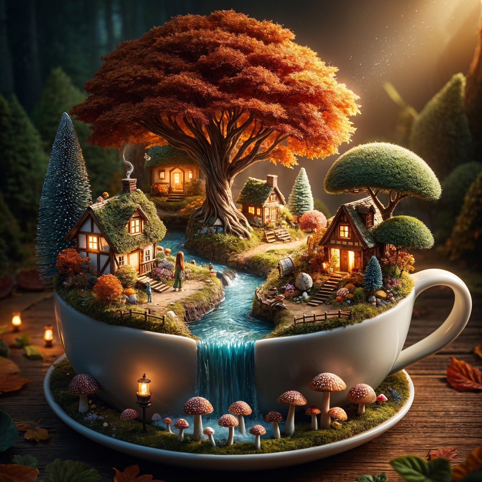 Miniature Village in a Whimsical Cup Scene