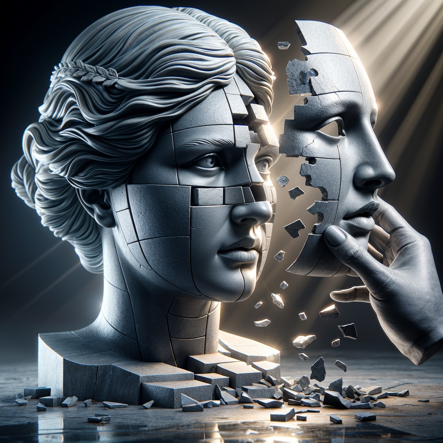 Intricate Sculpture of Woman's Head with Fragmentation