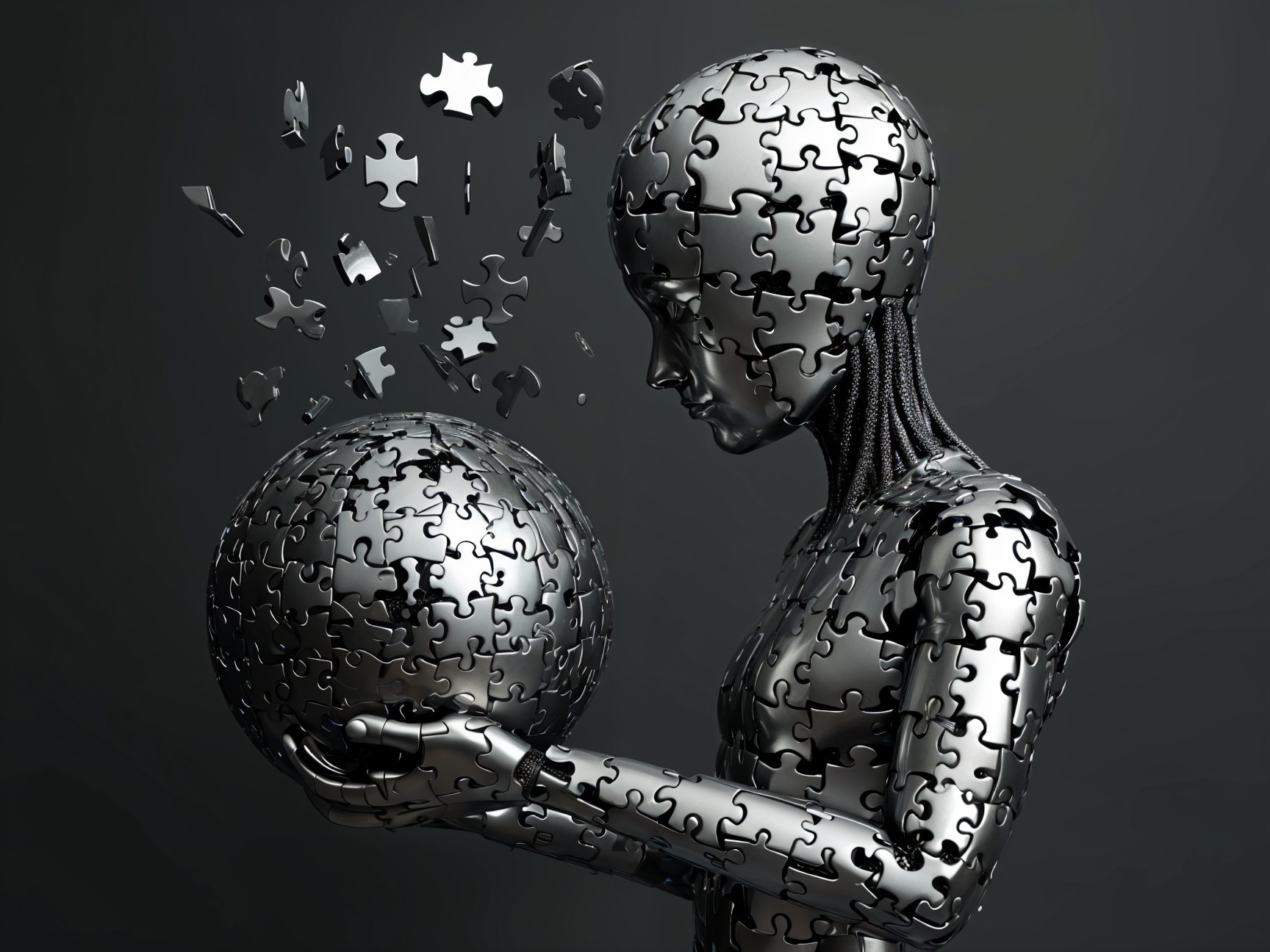 Metallic Humanoid Figure with Puzzle Piece Design