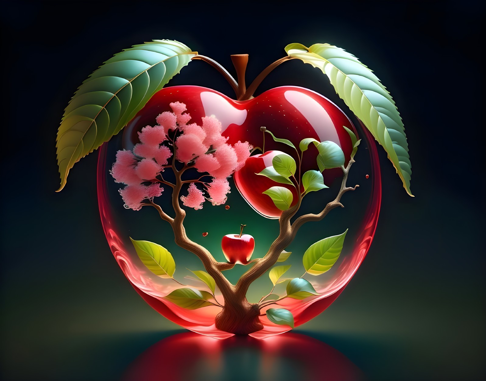 Surreal Illustration of Transparent Red Apple with Tree