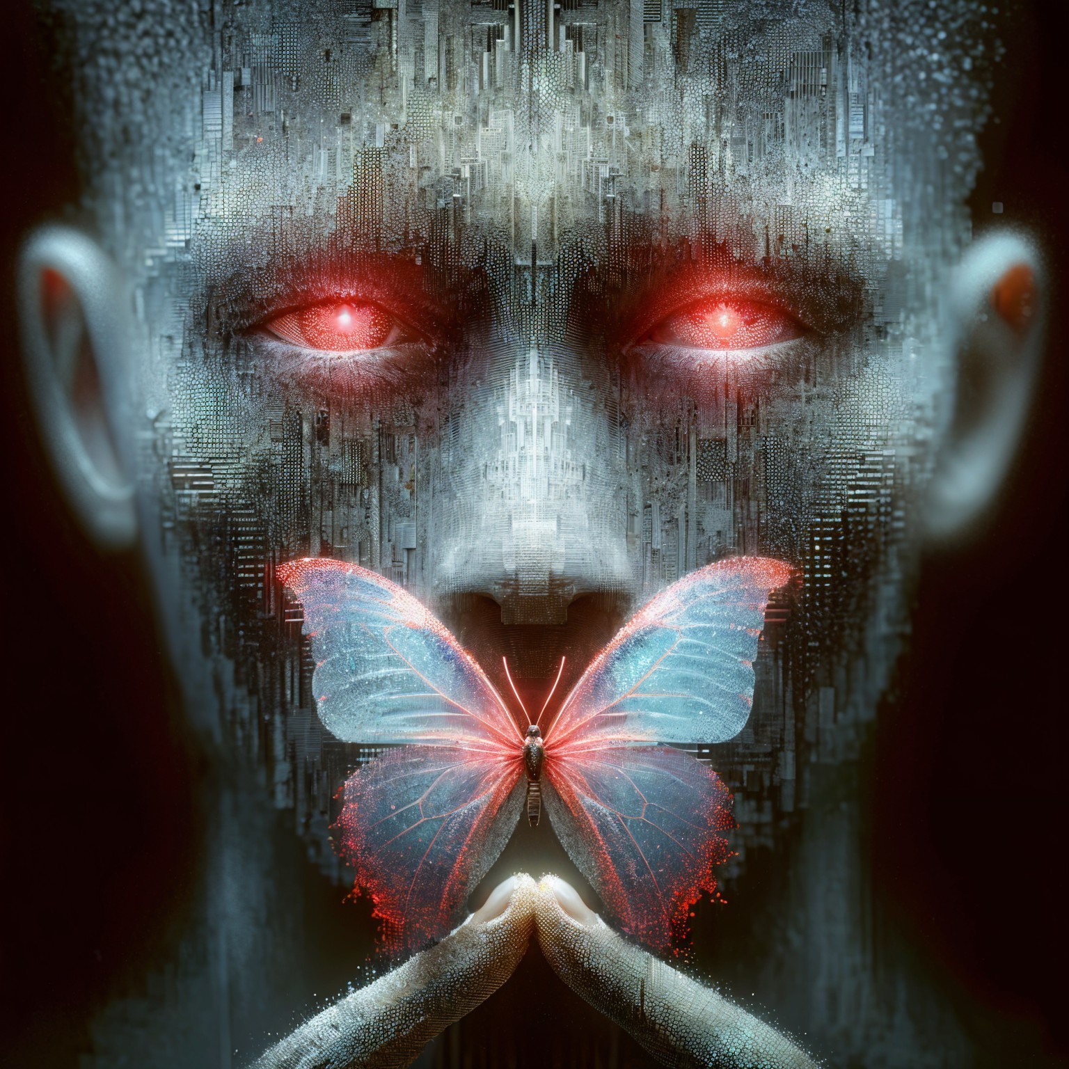 Futuristic figure with butterfly in a digital cityscape