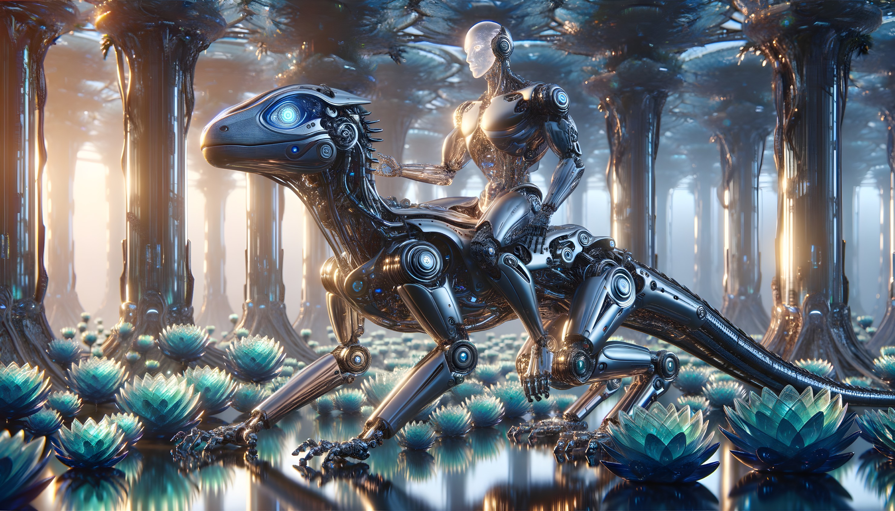 Futuristic Forest with Robotic Humanoid and Dinosaur Creature