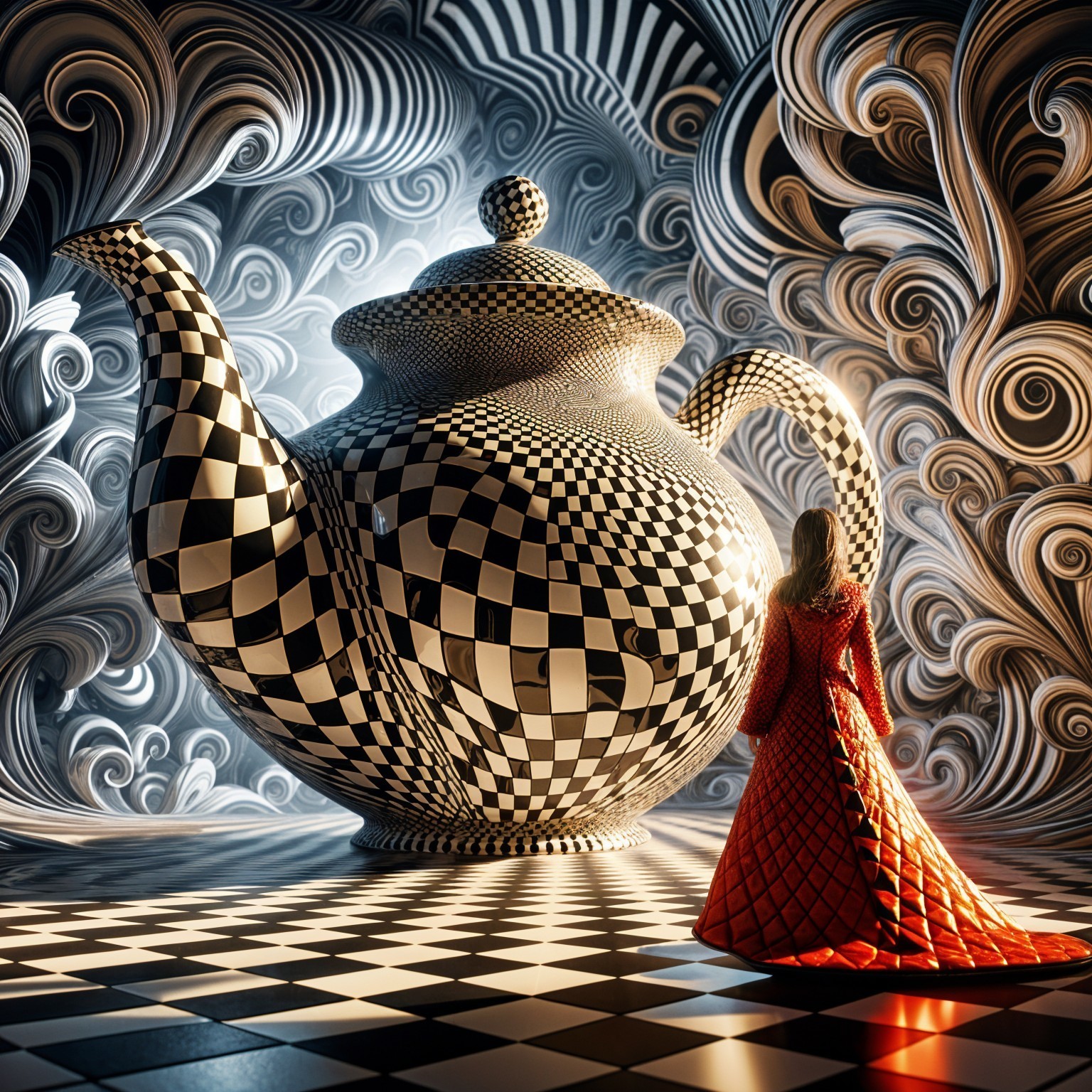 Giant Checkerboard Teapot in Surreal Swirling Scene