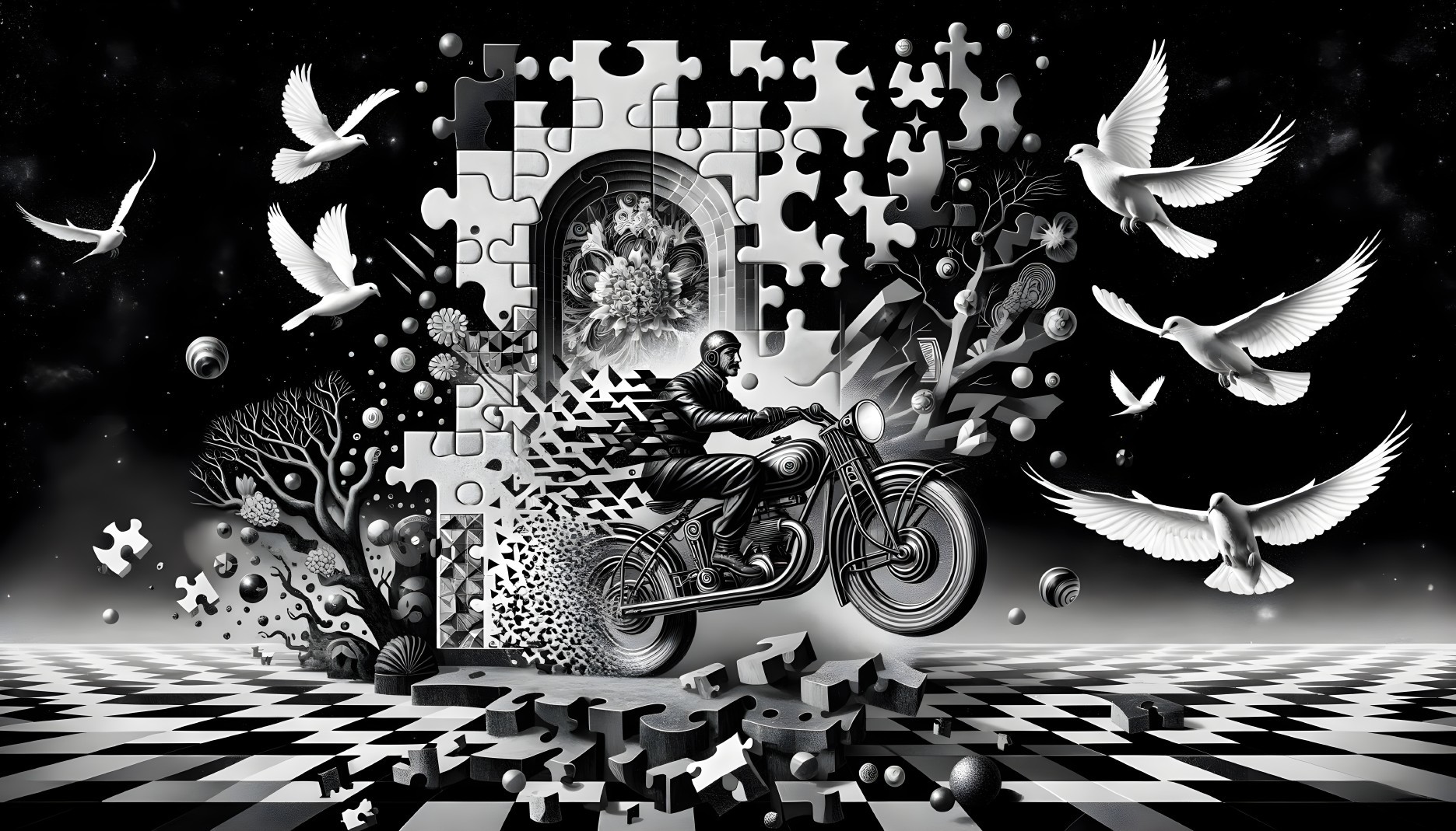 Motorcyclist Breaking Through Puzzle Piece Wall Scene