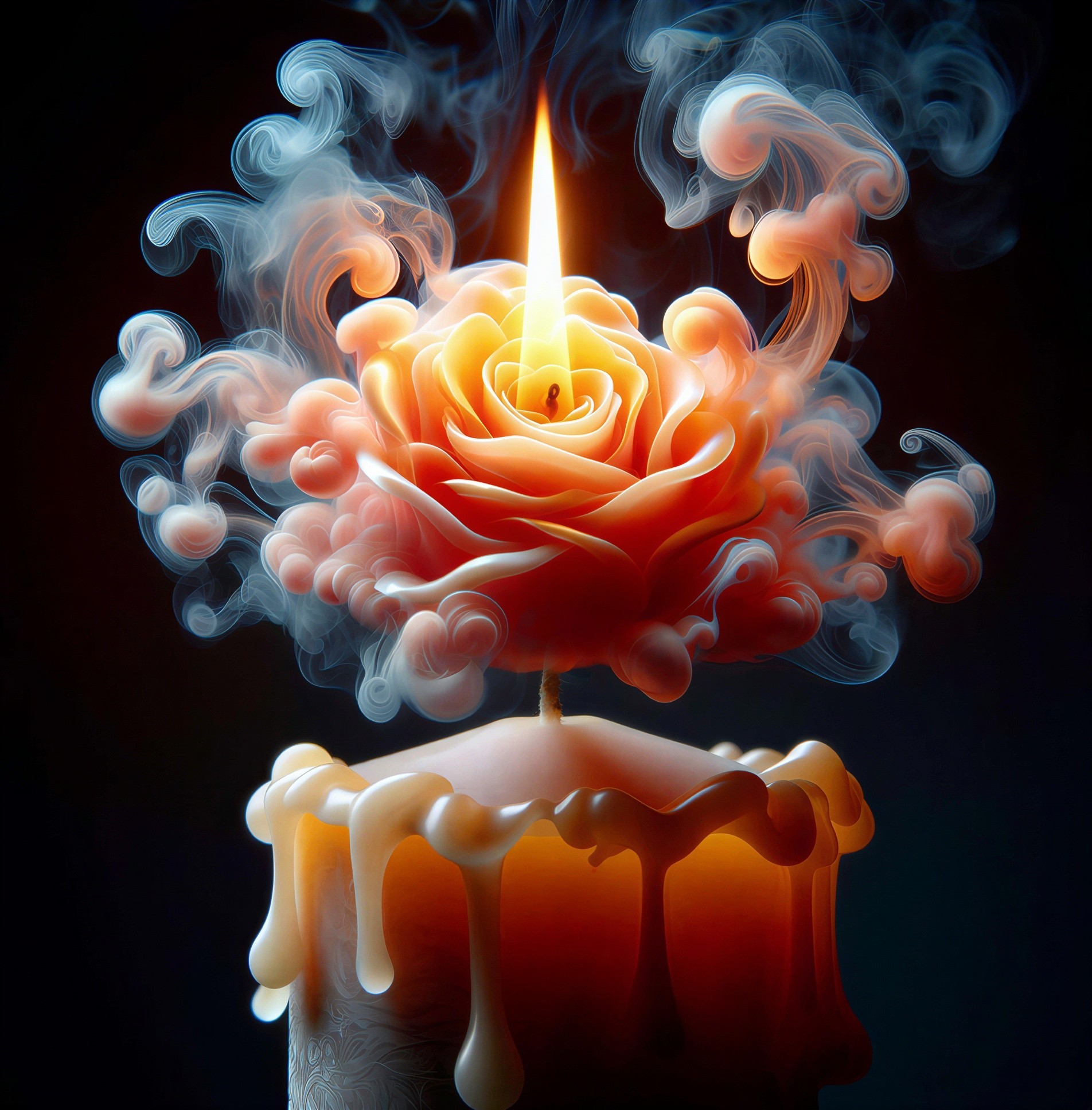 Lit Candle with Rose Design and Melting Wax