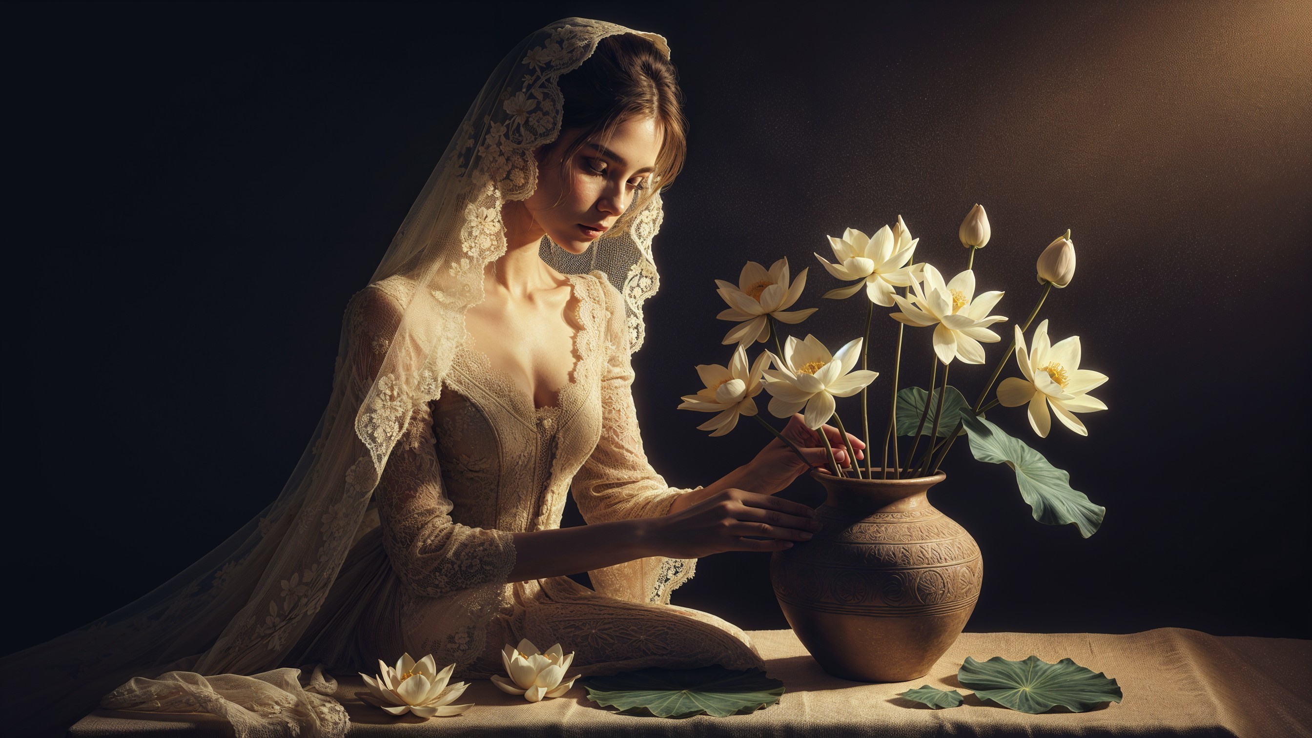 Serene Woman Arranging Lotus Flowers in Soft Light