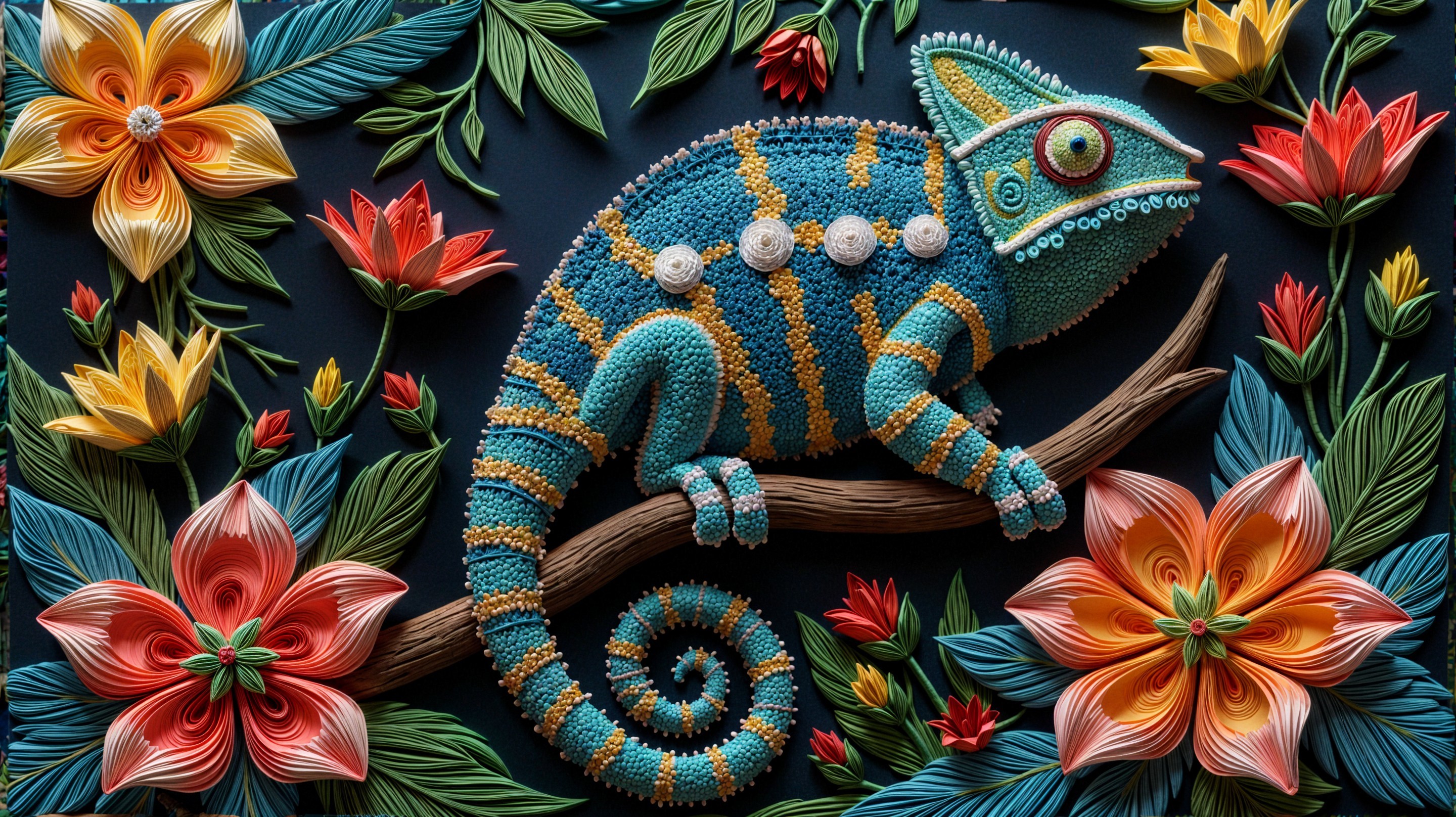 Chameleon on Textured Branch with Floral Quilling Art