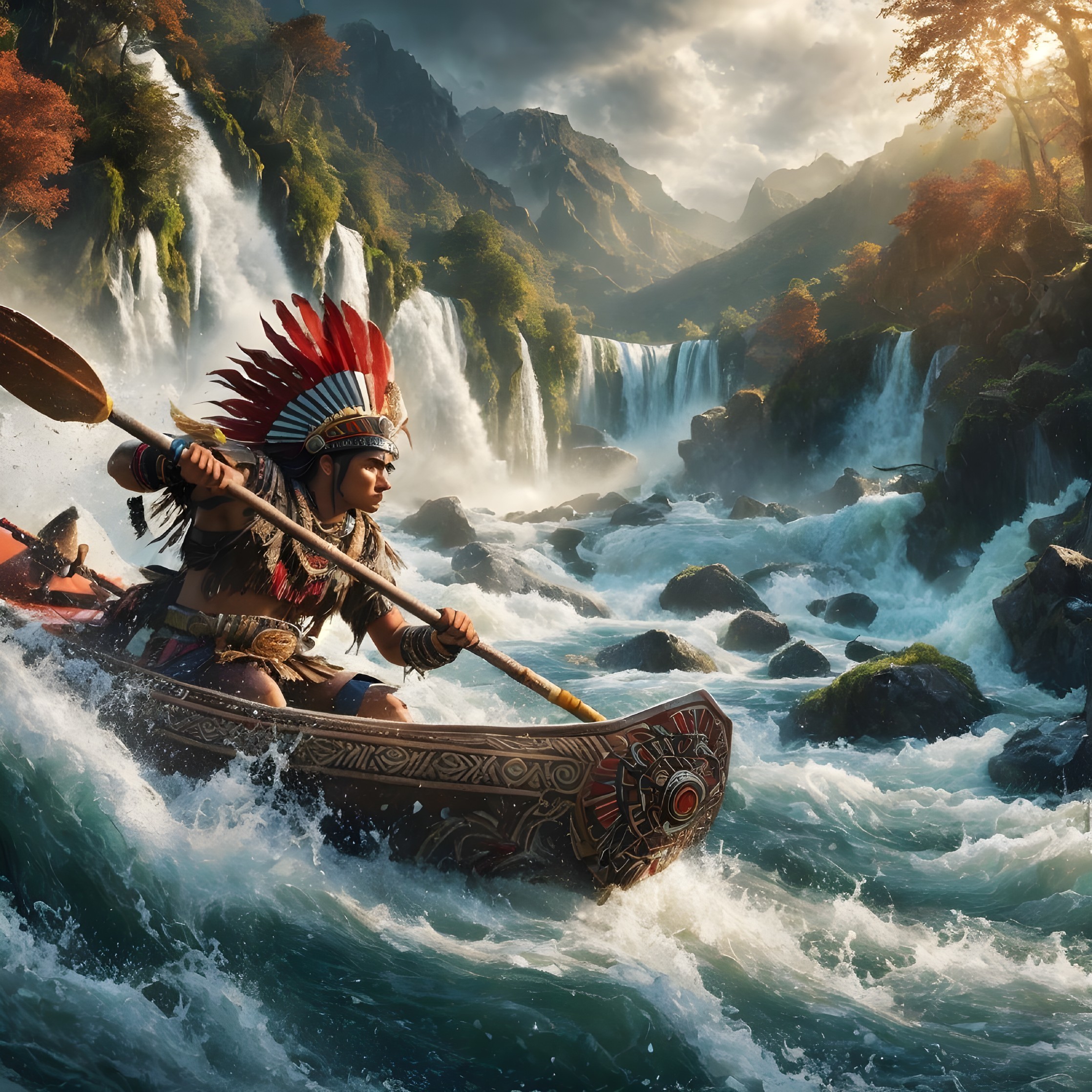 Indigenous Warrior in Canoe on Vibrant River Rapids